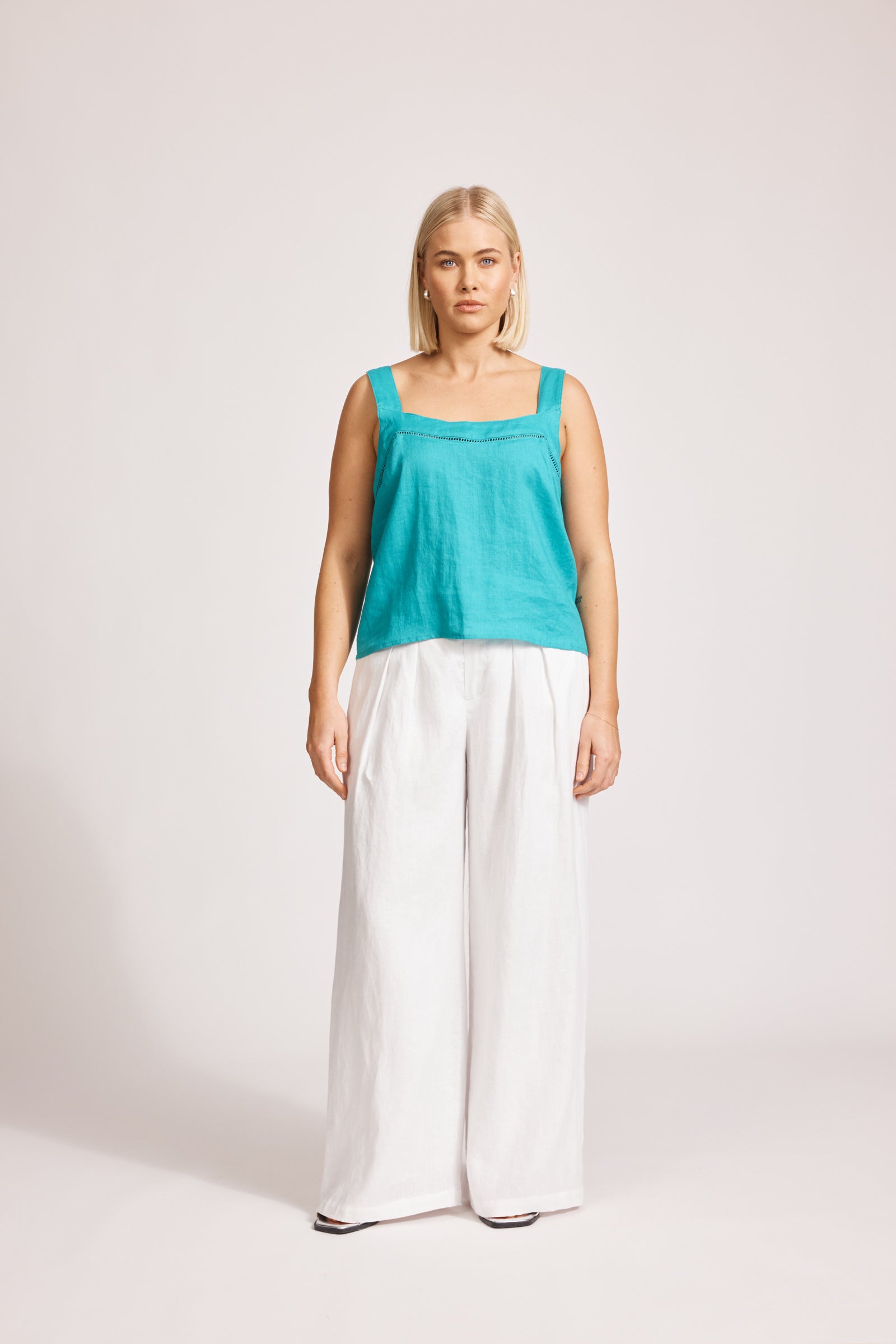 Eb&Ive Miramar linen crop  top sleeveless square neck crop relaxed casual work blouse cotton summer teal lagoon 
