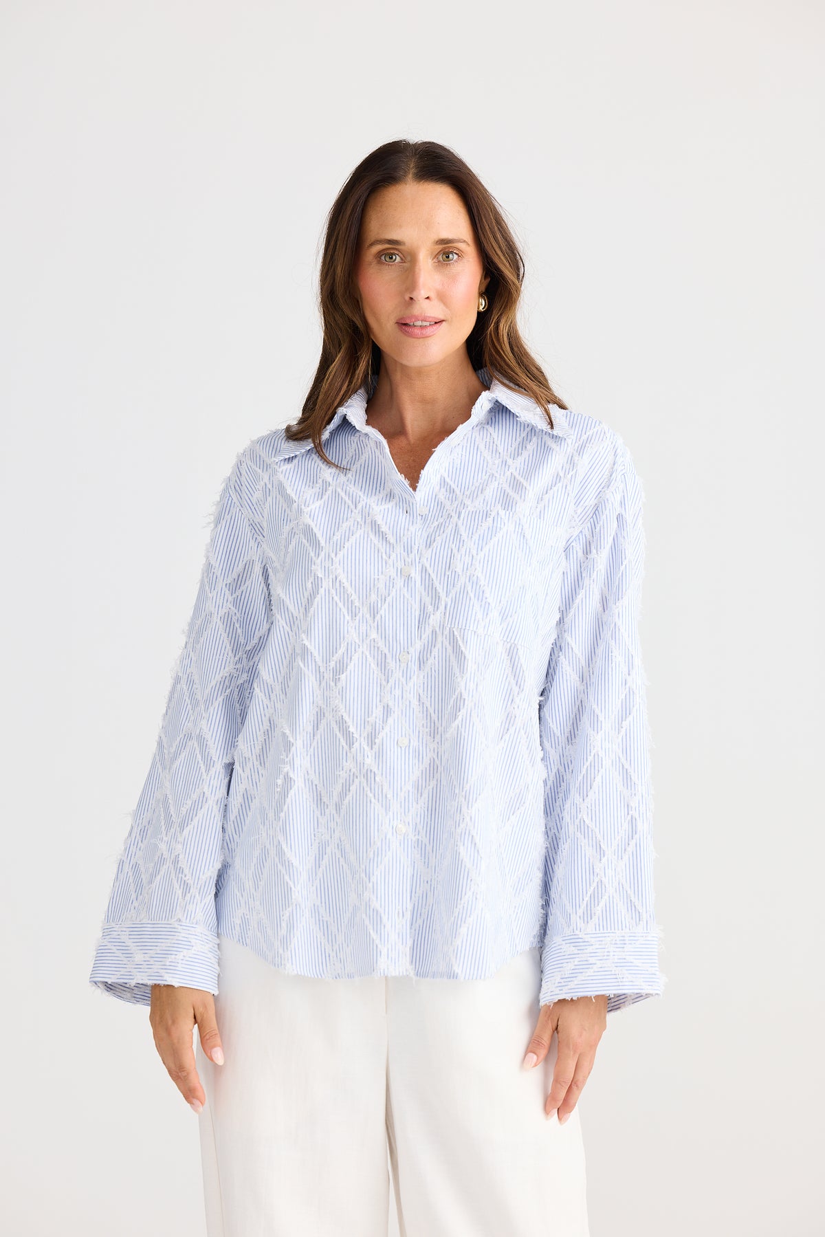 Brave + True Stripe Shirt Button Front Collar Cotton Chevron Light Blue 