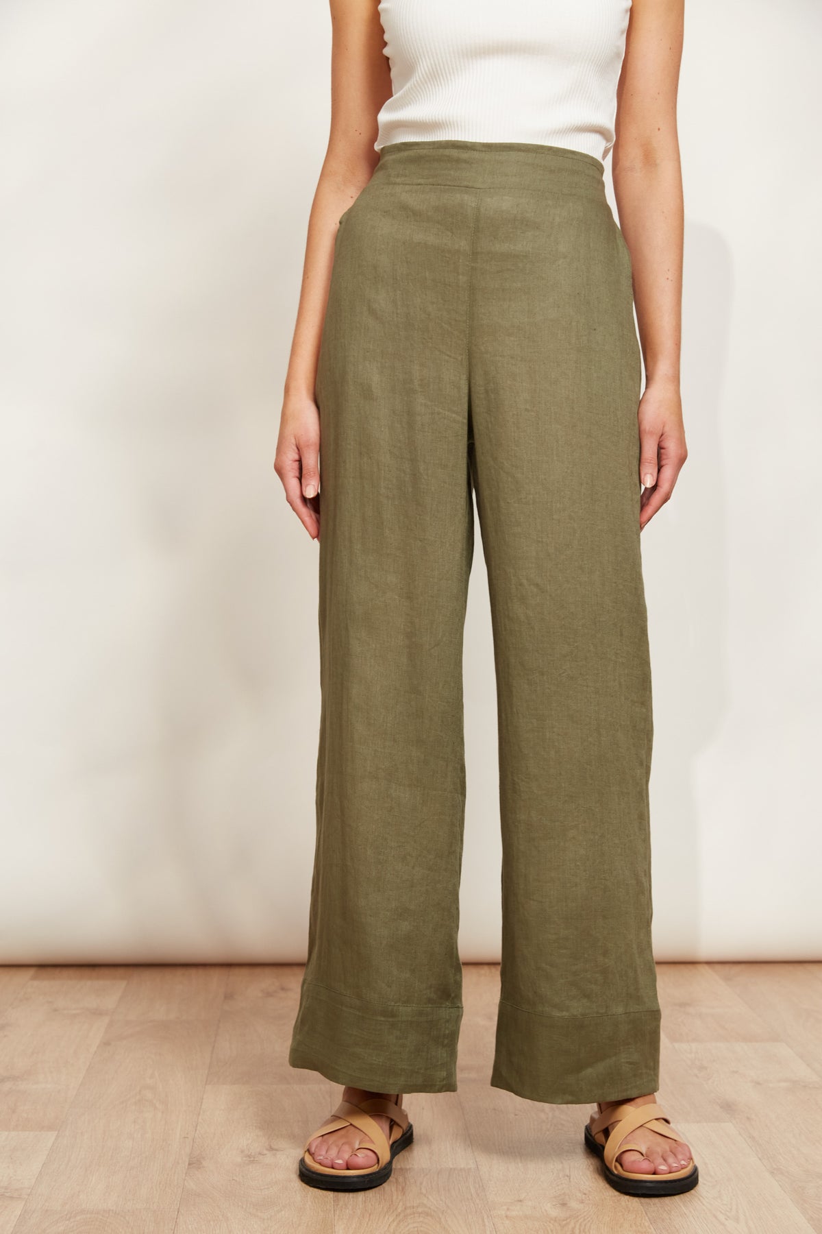 Eb&amp;Ive Studio Linen Long Straight Wide Pant Khaki Work Pant