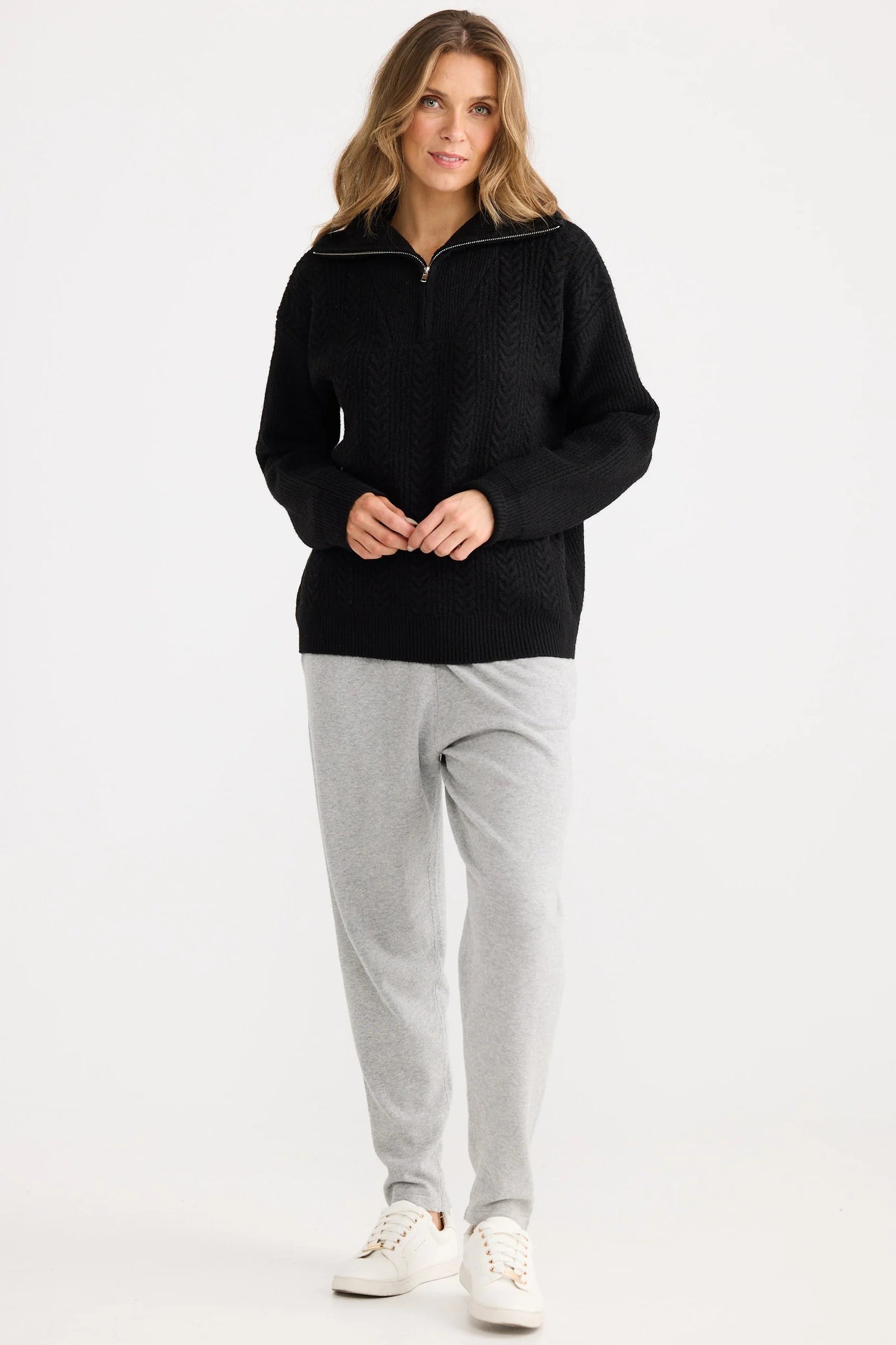 Zip Front Cable Knit - Black