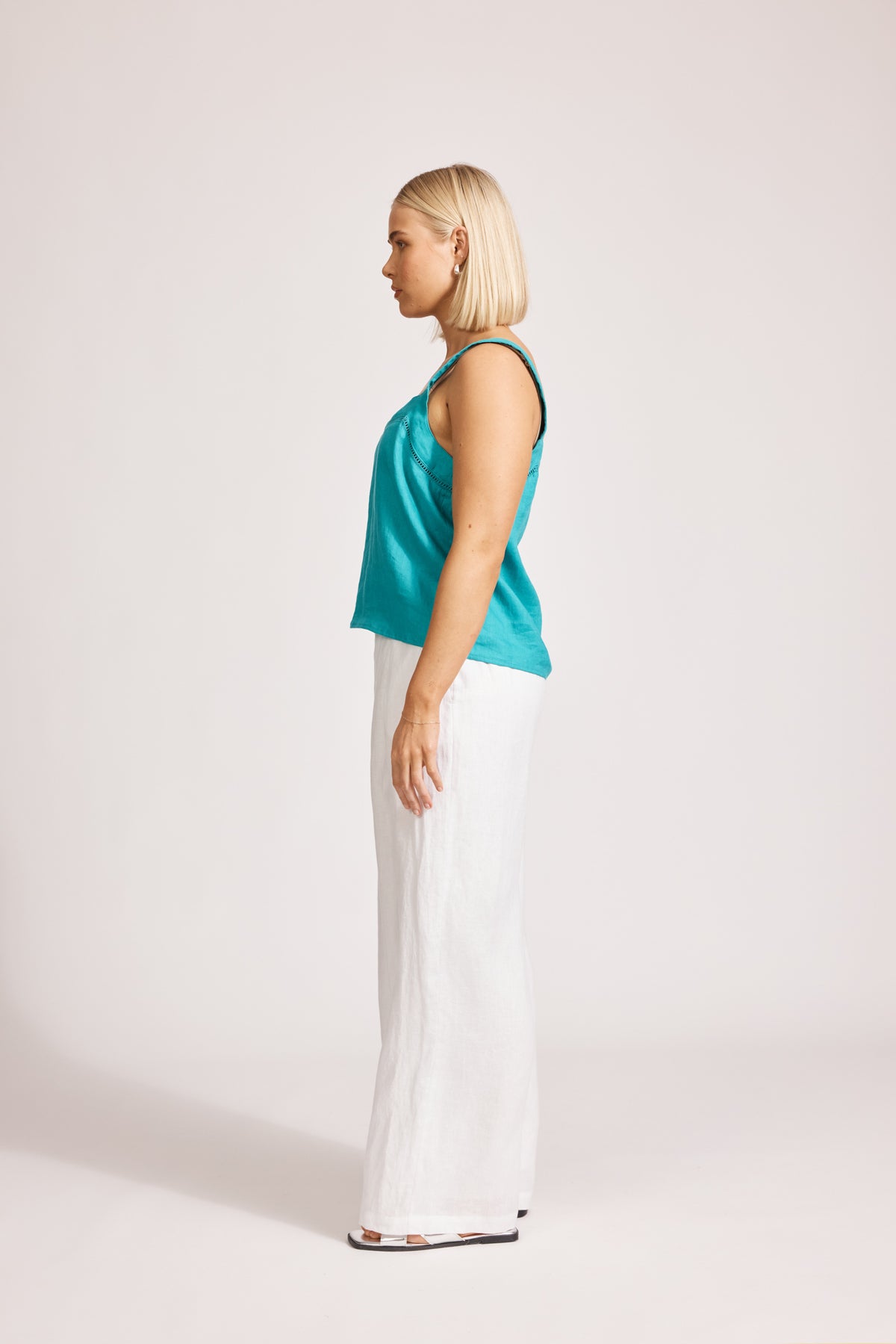 Eb&amp;Ive Miramar linen crop  top sleeveless square neck crop relaxed casual work blouse cotton summer teal lagoon
