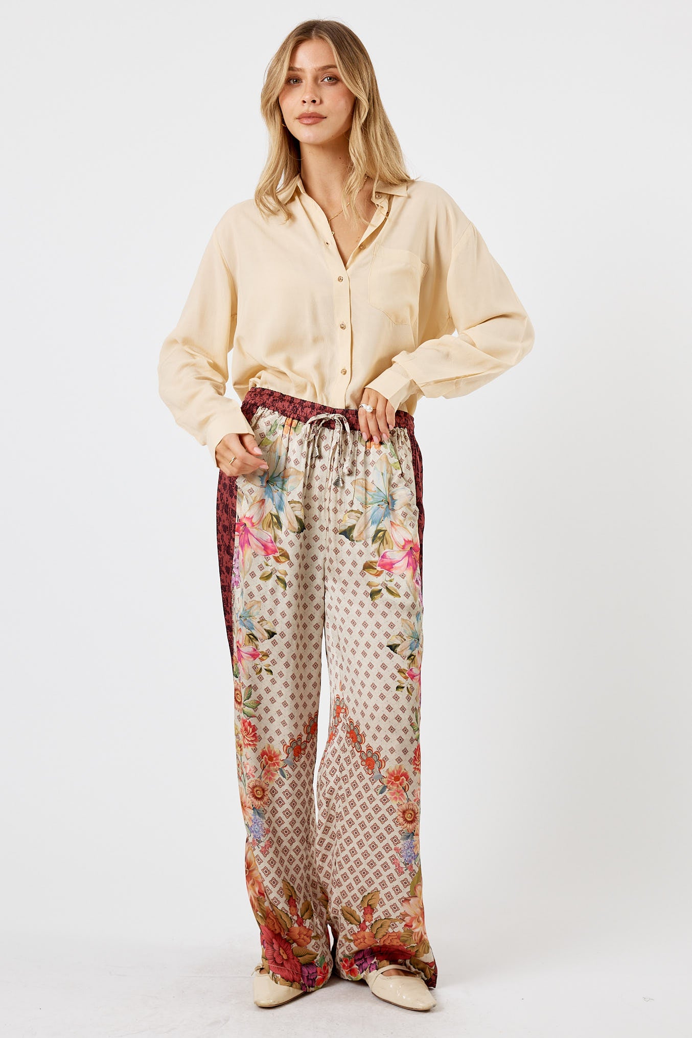 LulaSoul Winnipeg Vintage & retro all over jungle print statement bold burgundy floral print with  soft satin straight leg pant  Side stripe  women’s fashion matching set coordinates two piece