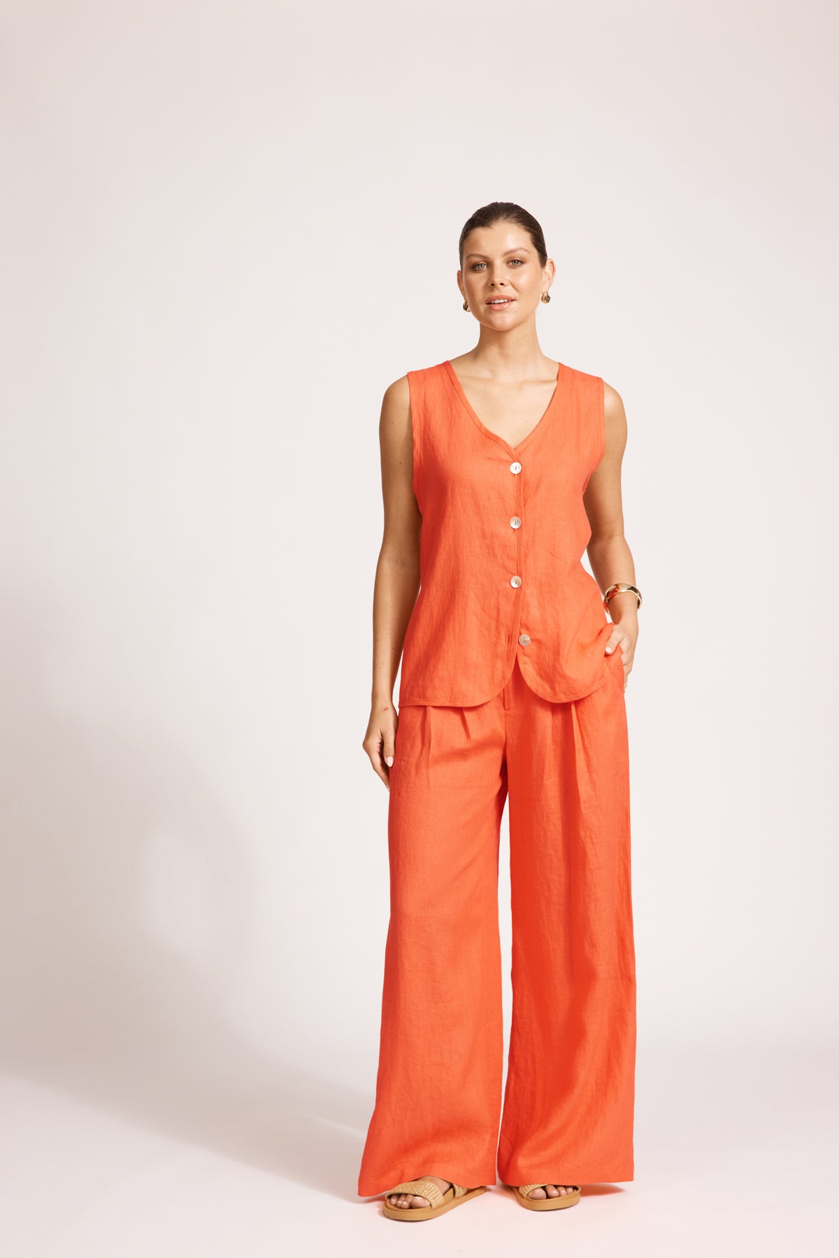 Eb&amp;Ive Miramar vest smart casual linen summer vest sleeveless v-neck work top coral 