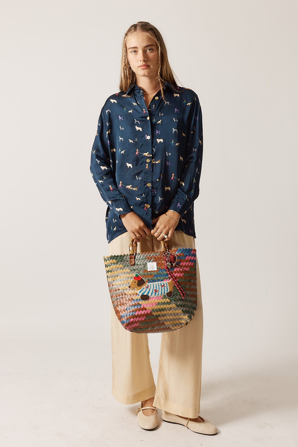 RubyYaya puppy love  Vintage & retro all over exclusive print statement  bold Animal print with dogs soft button up Shirt  women’s fashion collared blouse Navy work wear