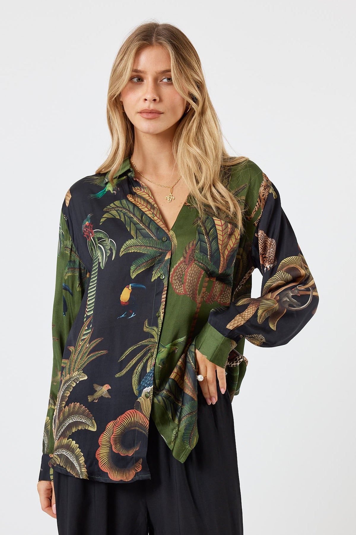 LulaSoul cheetah Vintage & retro all over jungle print statement bold Animal print with palms soft satin button up Shirt  women’s fashion collared matching set coordinates two piece