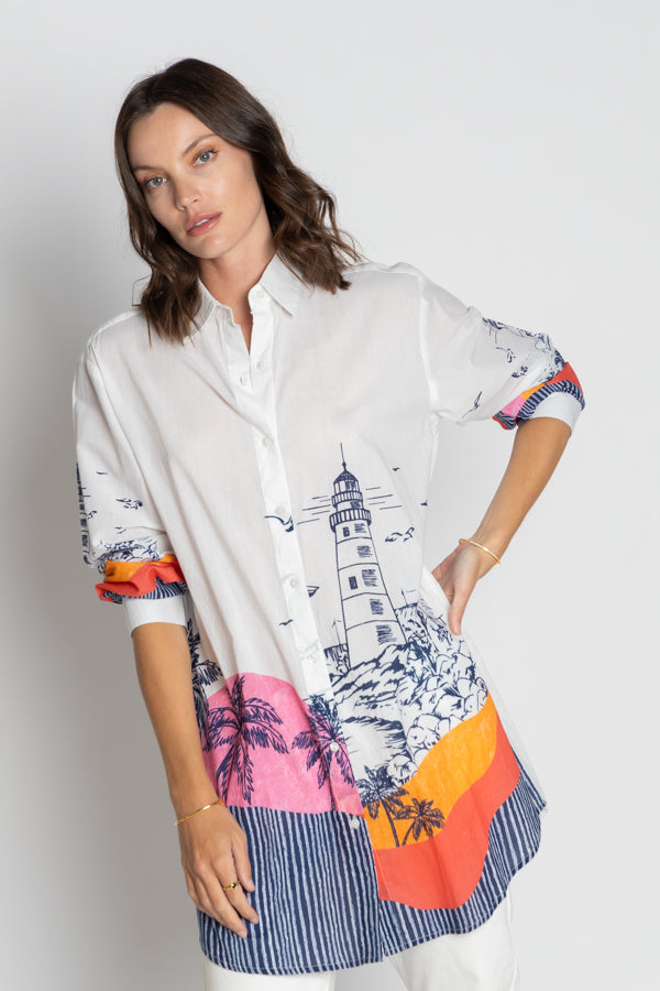 Lulasoul  byron Shirt Dress tunic White cotton with a sun rise and lighthouse print in navy Summer swim cover