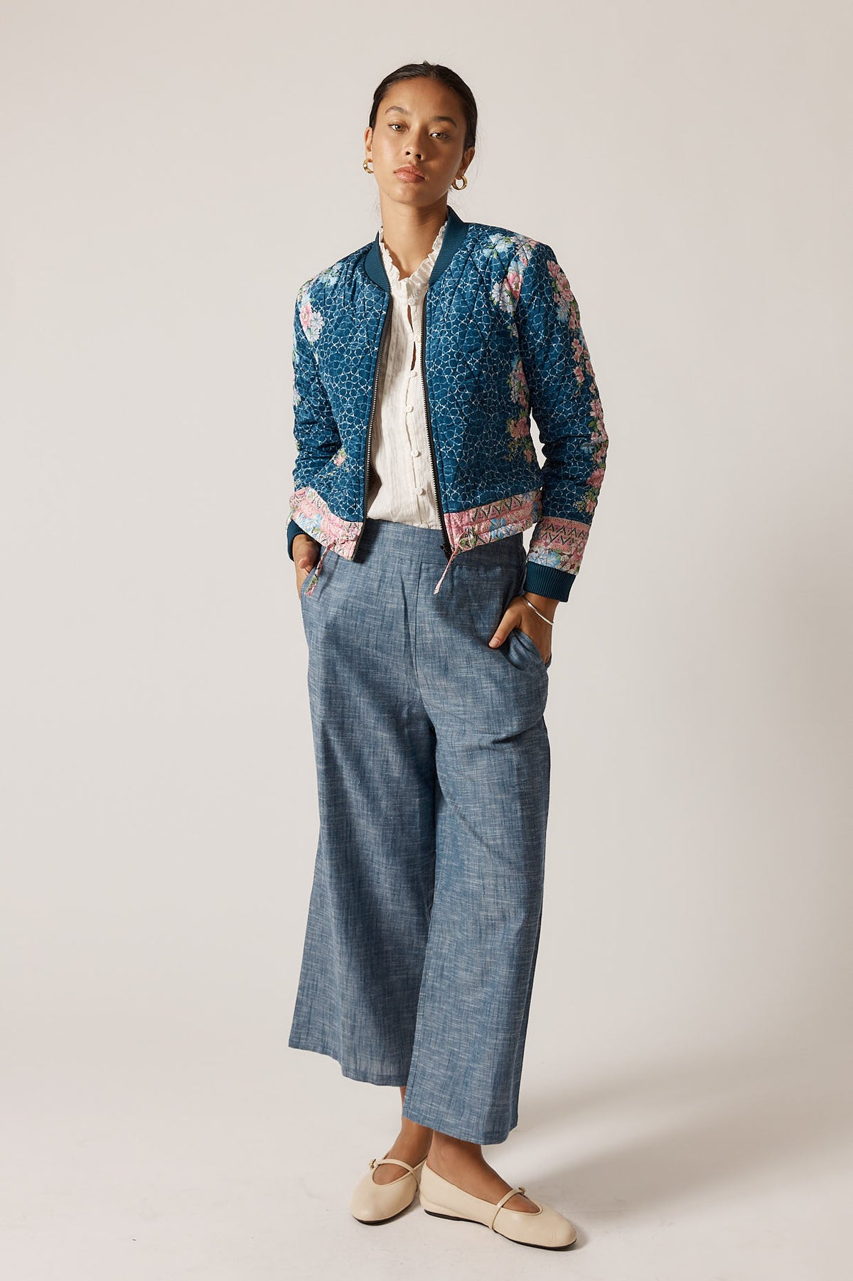 RubyYaya Daisy duke Vintage & retro all over floral print statement  bold print quilted bomber jacket women’s fashion  blush pink and blue 