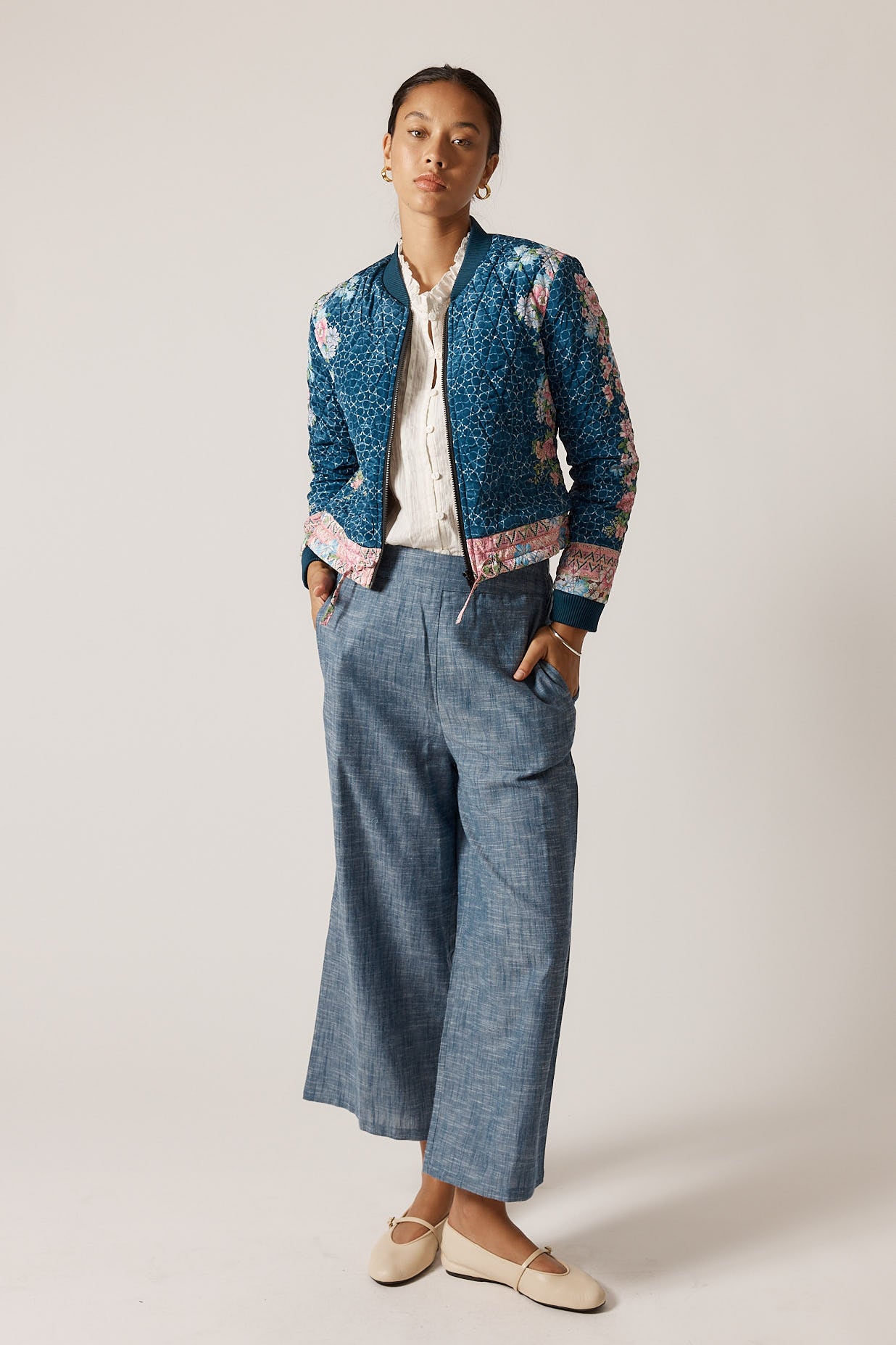 RubyYaya Daisy duke Vintage & retro all over floral print statement  bold print quilted bomber jacket women’s fashion  blush pink and blue 
