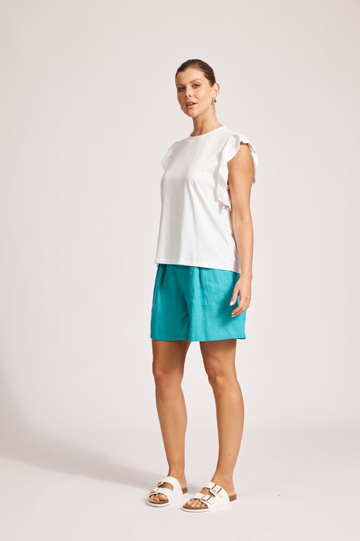 Eb&amp;Ive Francis cotton top short sleeve ruffle sleeve crew neck relaxed casual work blouse cotton summer