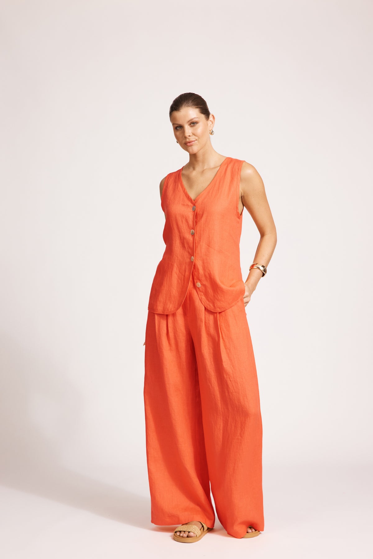 Eb&amp;Ive Miramar vest smart casual linen summer vest sleeveless v-neck work top coral