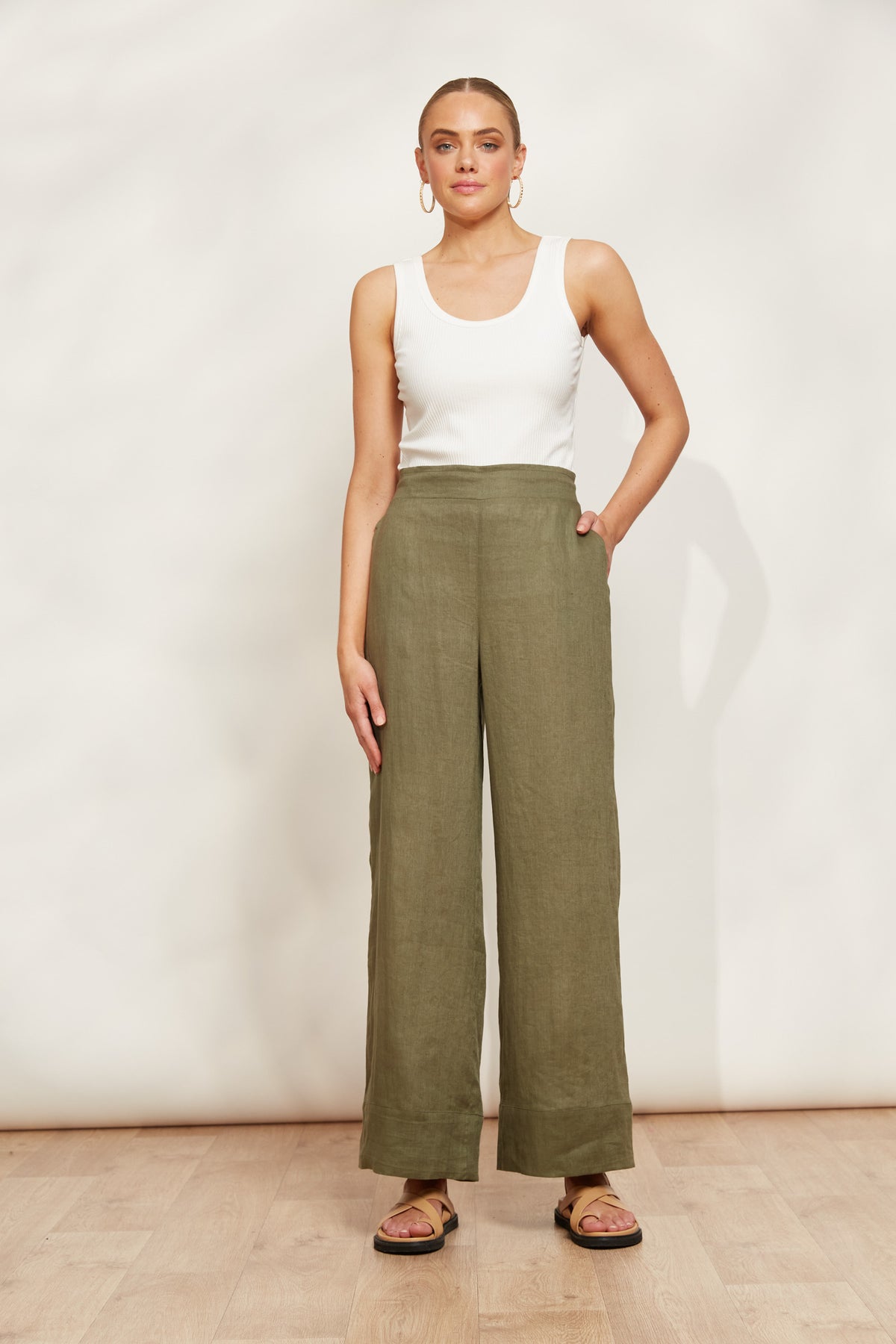 Eb&amp;Ive Studio Linen Long Straight Wide Pant Khaki Work Pant
