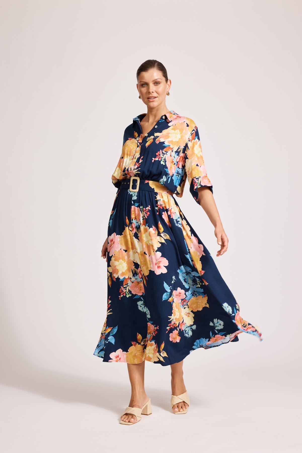 Eb&amp;Ive Parisio Belt Shirt Dress  Short 3/4 sleeve maxi with collar and button front elastic and Belt waist summer work dress swim cover navy spring floral print 