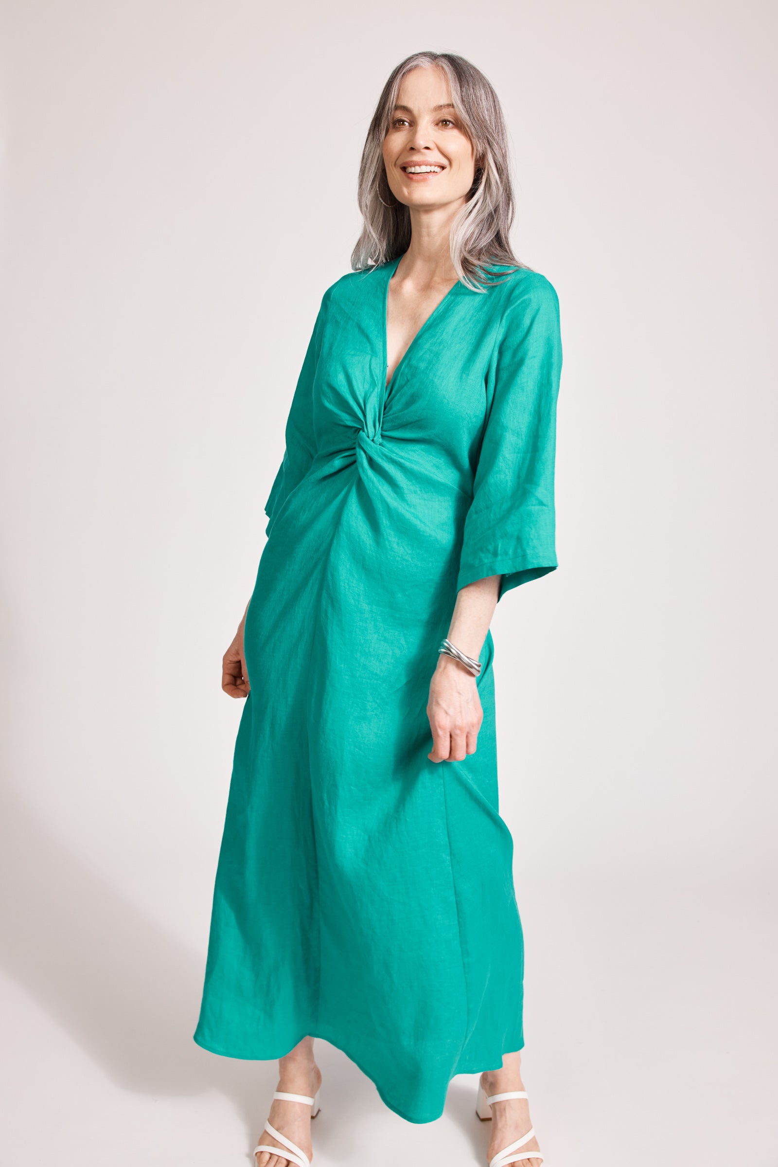 Eb&Ive Miramar twist dress long sleeve kimono kaftan sleeve fit and flare v-neck event holiday resort dress summer Linen maxi lagoon 