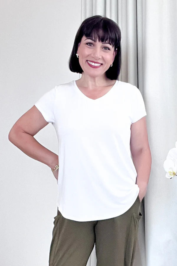 Bamboo Body Vneck White Ivory Bamboo Tee Classic top Basic short Sleeve premium basic tee Minimalist aesthetic crop T-Shirt 