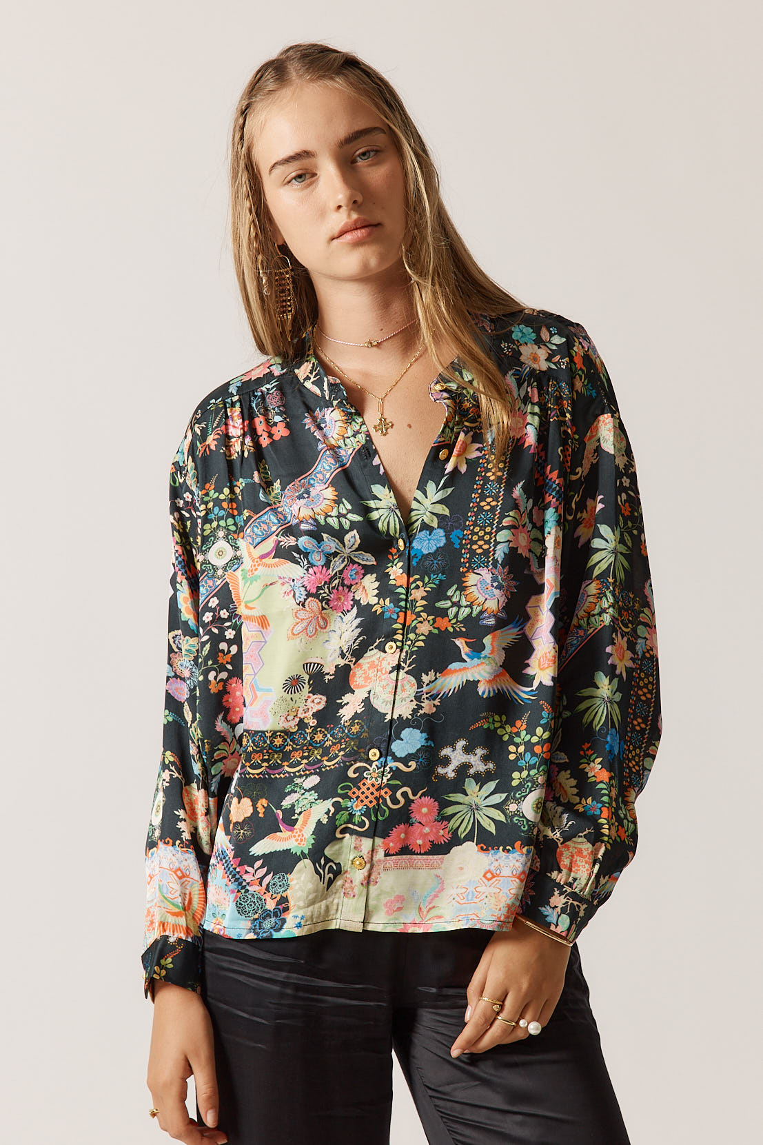 RubyYaya Lala Shirt Vintage & retro all over print statement  bold bird print soft button up Shirt  women’s fashion collared blouses Black with bright colours Long sleeve