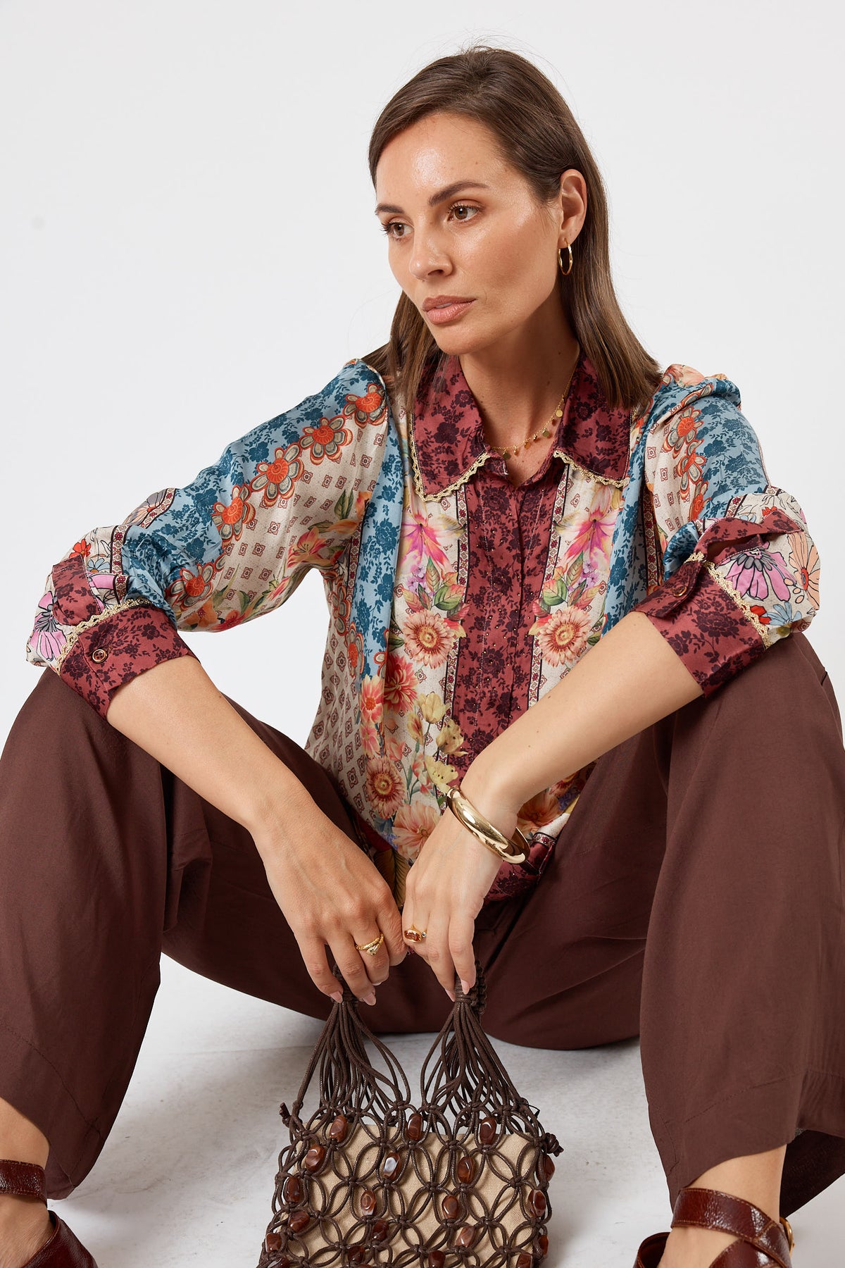 LulaSoul winnapeg Vintage & retro all over floral print statement bold burgundy print  soft satin button up Shirt  women’s fashion collared matching set coordinates two piece