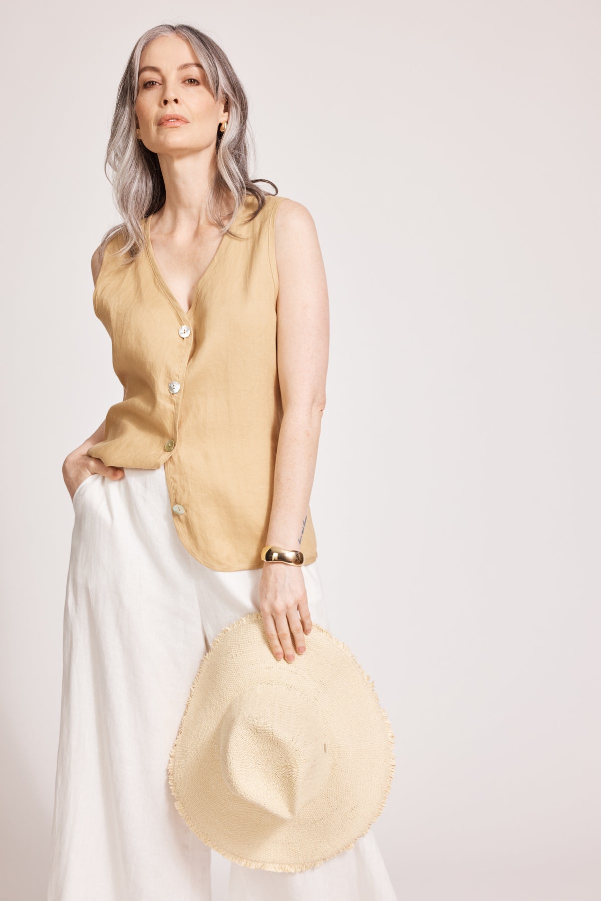 Eb&amp;Ive Miramar vest smart casual linen summer vest sleeveless v-neck work top camel 