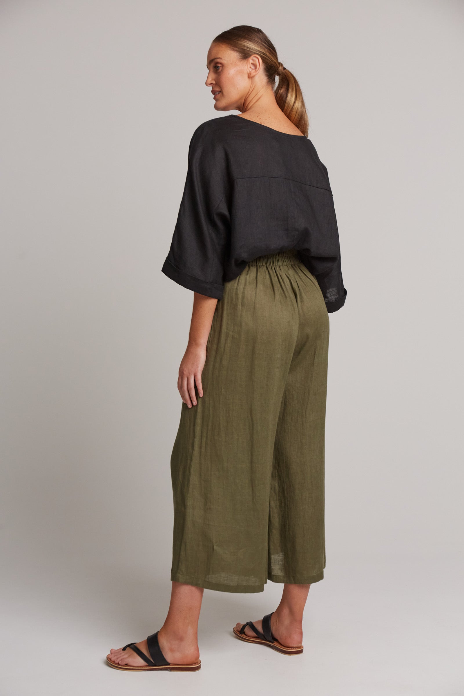 Eb&Ive Studio Linen Crop Wide Leg Pant Khaki