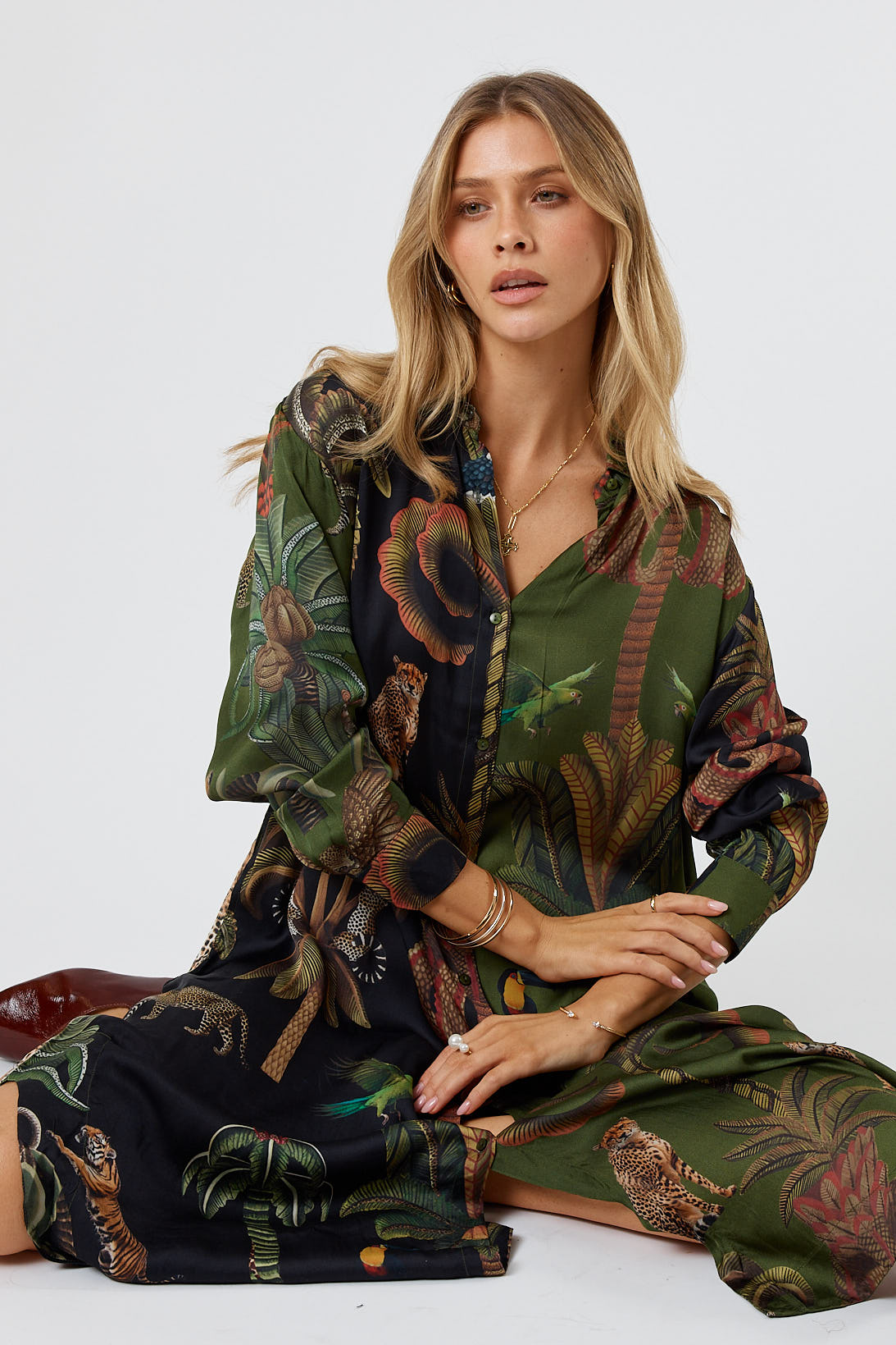 LulaSoul cheetah Vintage &amp; retro all over jungle print statement bold Animal print with palms soft satin button up Shirt  women’s fashion collared matching set coordinates two piece