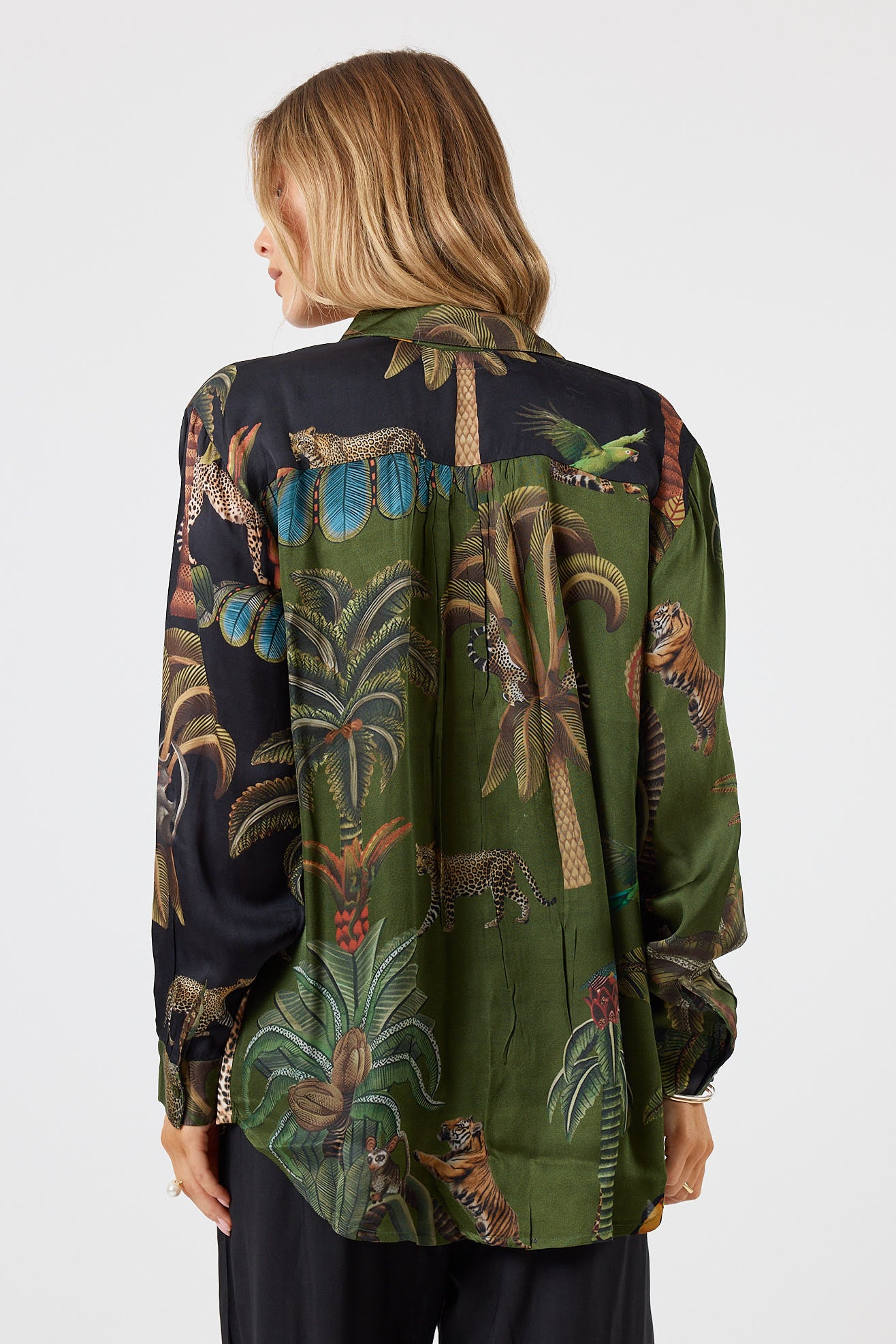 LulaSoul cheetah Vintage & retro all over jungle print statement bold Animal print with palms soft satin button up Shirt  women’s fashion collared matching set coordinates two piece