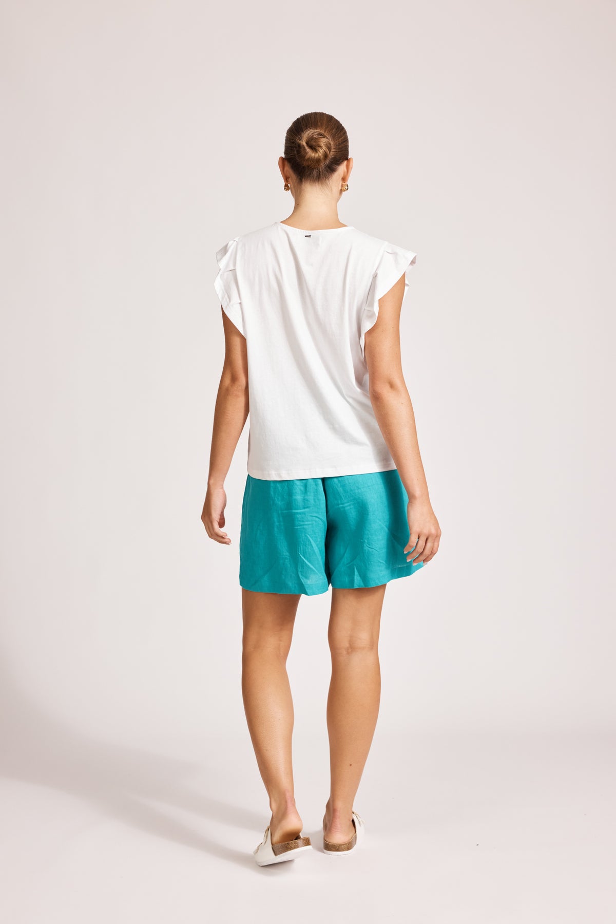 Eb&amp;Ive Francis cotton top short sleeve ruffle sleeve crew neck relaxed casual work blouse cotton summer