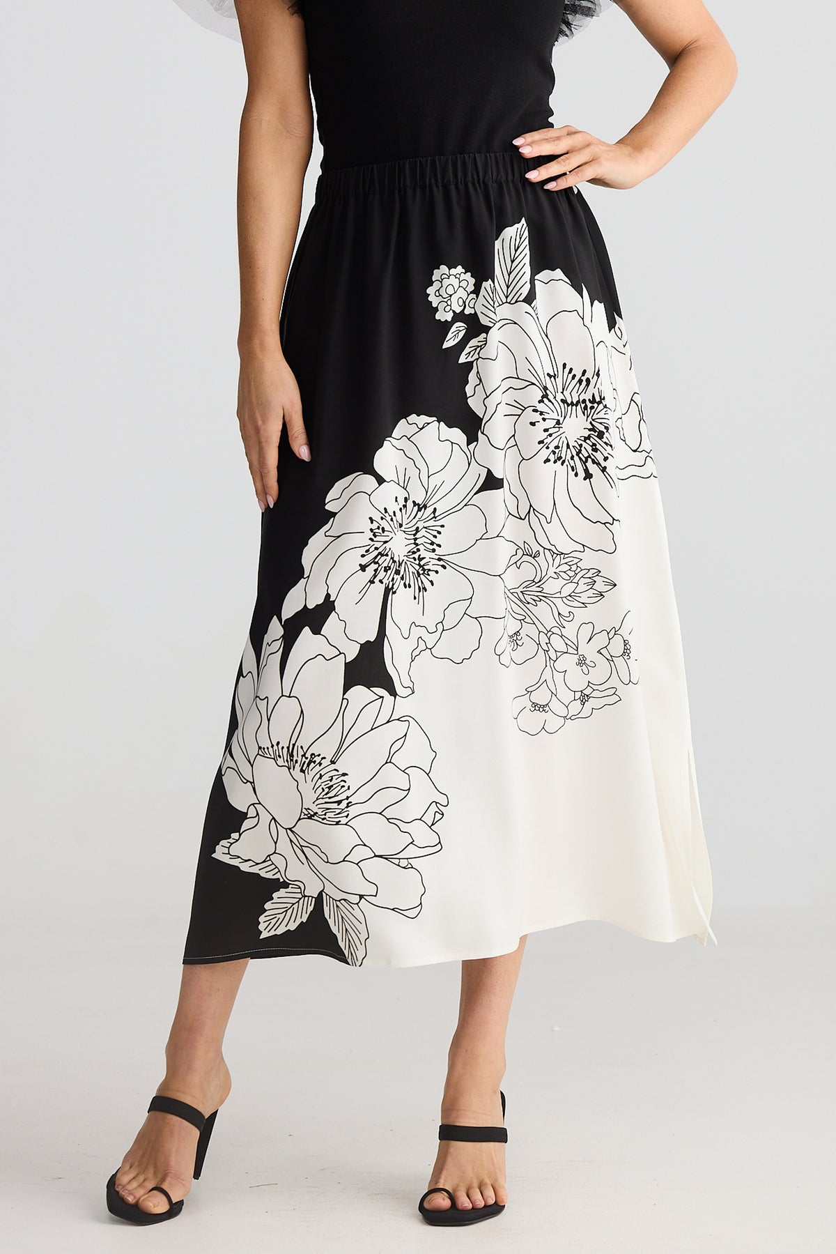 Brave and True Angelique Skirt Noir Bloom black white floral print New Years Eve Dress Midi Christmas Skirt