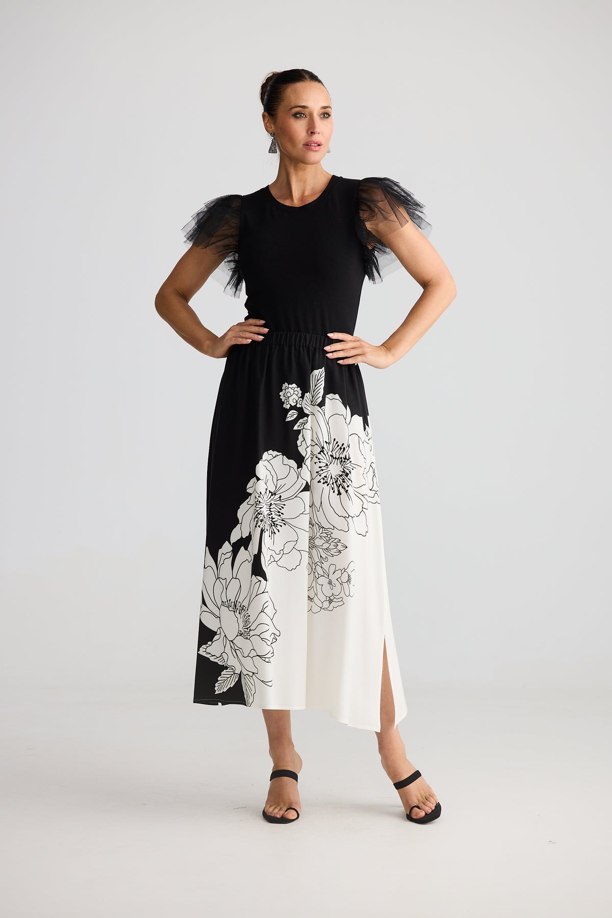 Brave and True Angelique Skirt Noir Bloom black white floral print New Years Eve Dress Midi Christmas Skirt