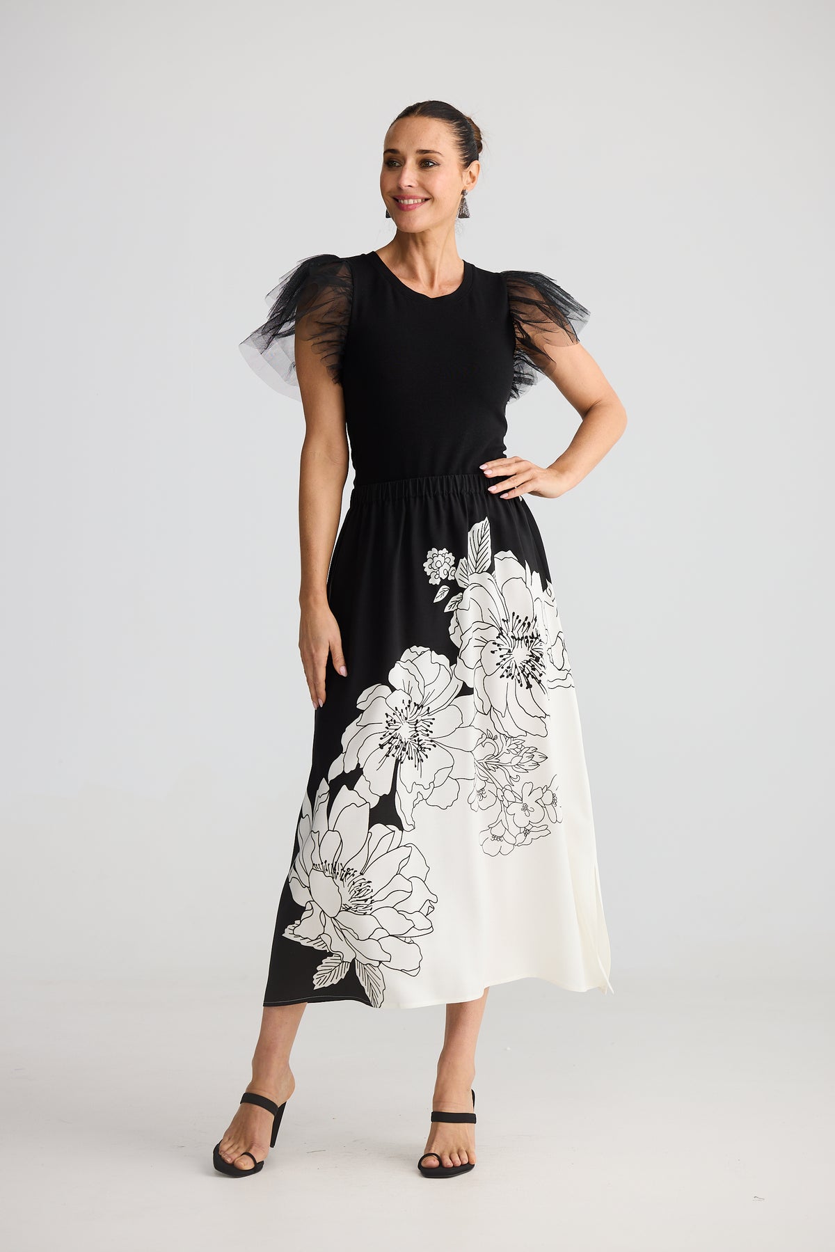 Brave and True Angelique Skirt Noir Bloom black white floral print New Years Eve Dress Midi Christmas Skirt