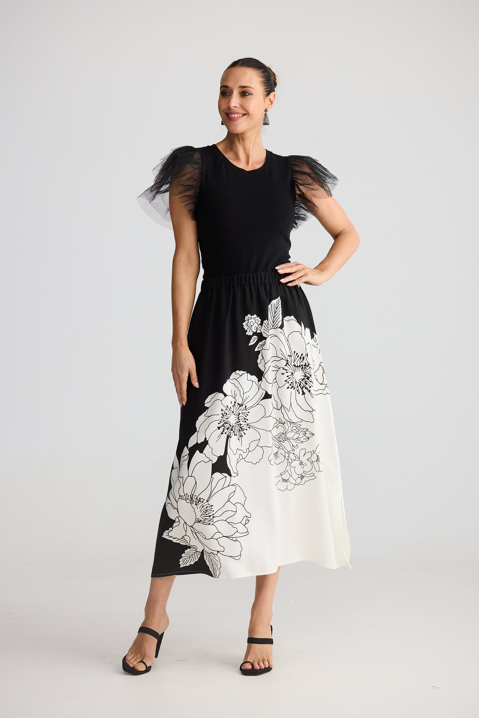 Brave and True Angelique Skirt Noir Bloom black white floral print New Years Eve Dress Midi Christmas Skirt
