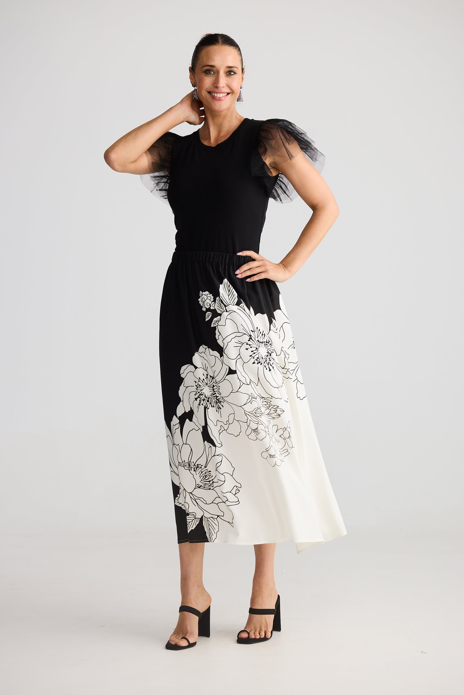 Brave and True Angelique Skirt Noir Bloom black white floral print New Years Eve Dress Midi Christmas Skirt