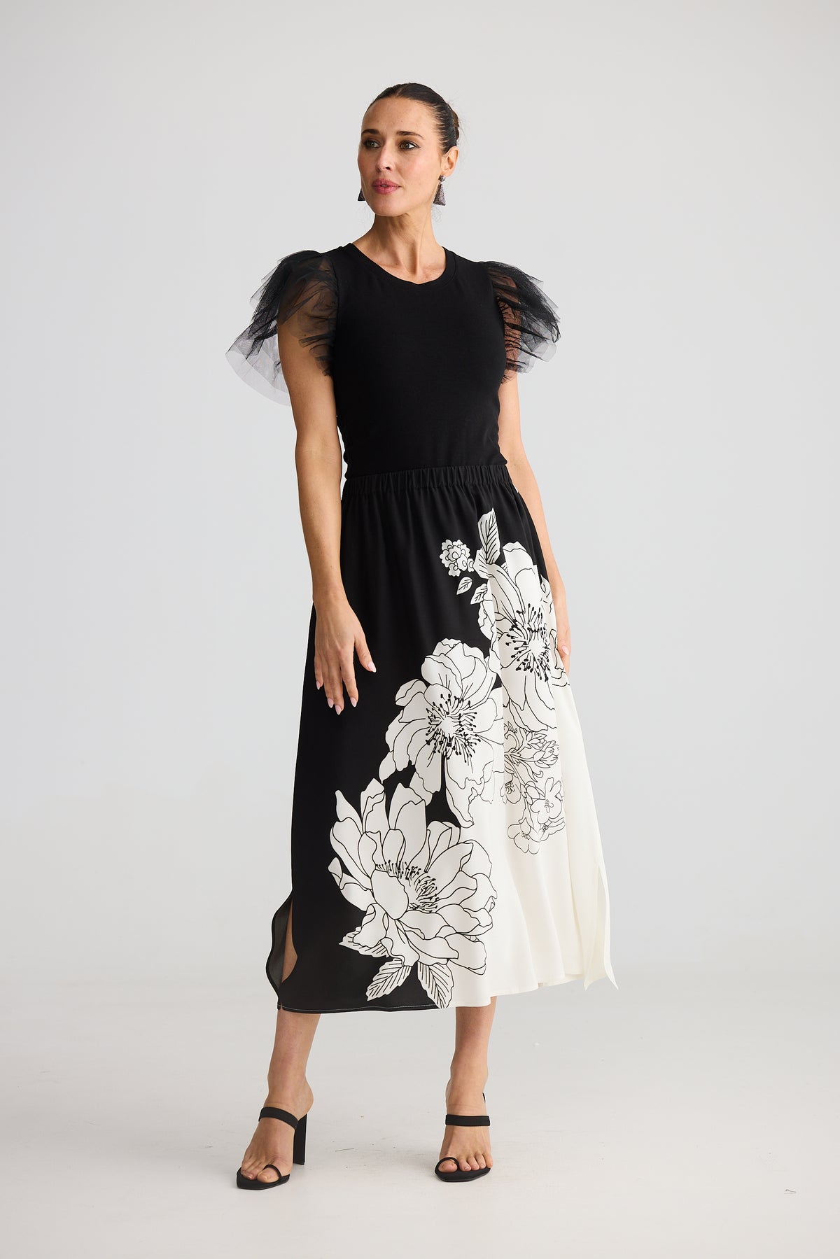 Brave and True Angelique Skirt Noir Bloom black white floral print New Years Eve Dress Midi Christmas Skirt