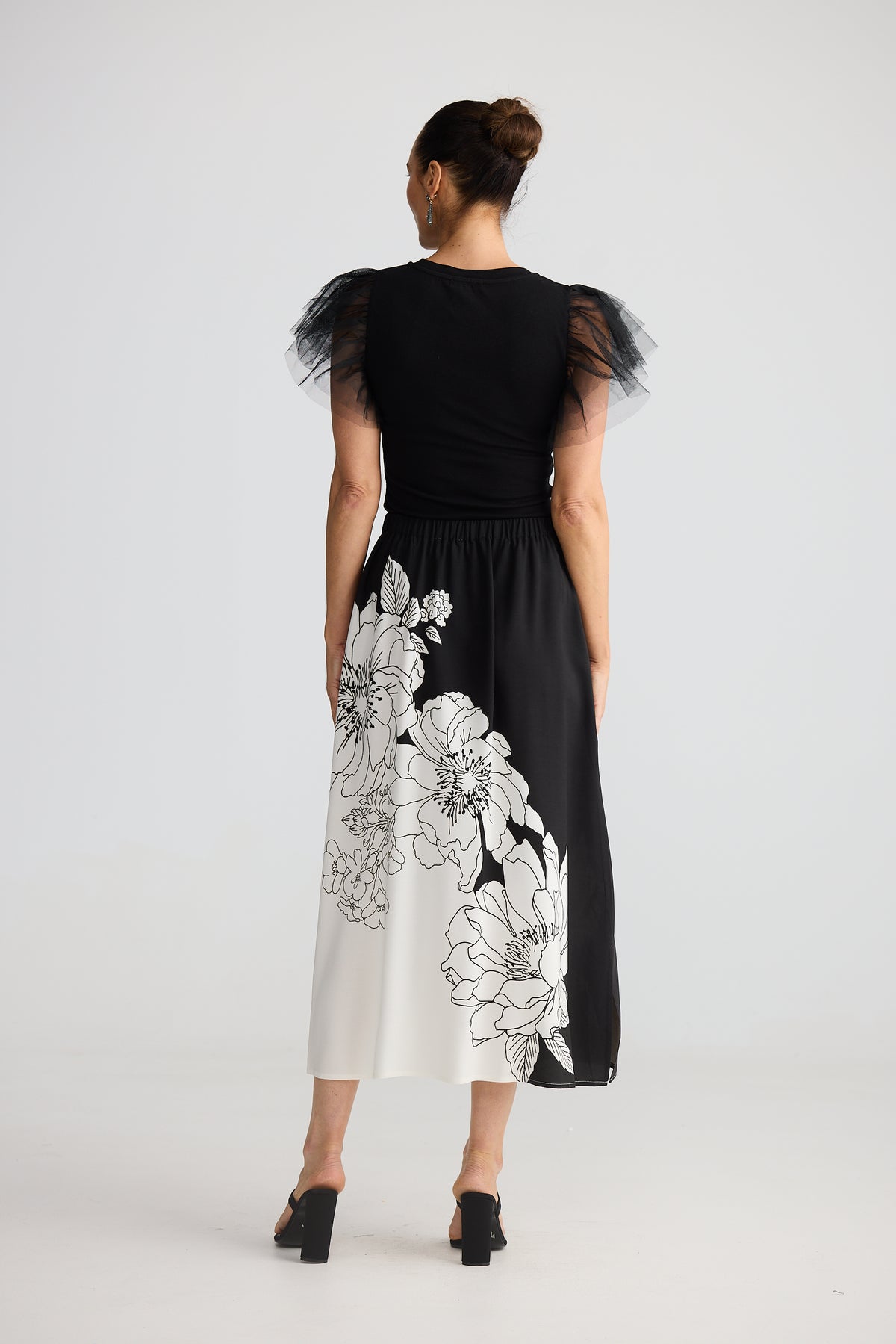 Brave and True Angelique Skirt Noir Bloom black white floral print New Years Eve Dress Midi Christmas Skirt