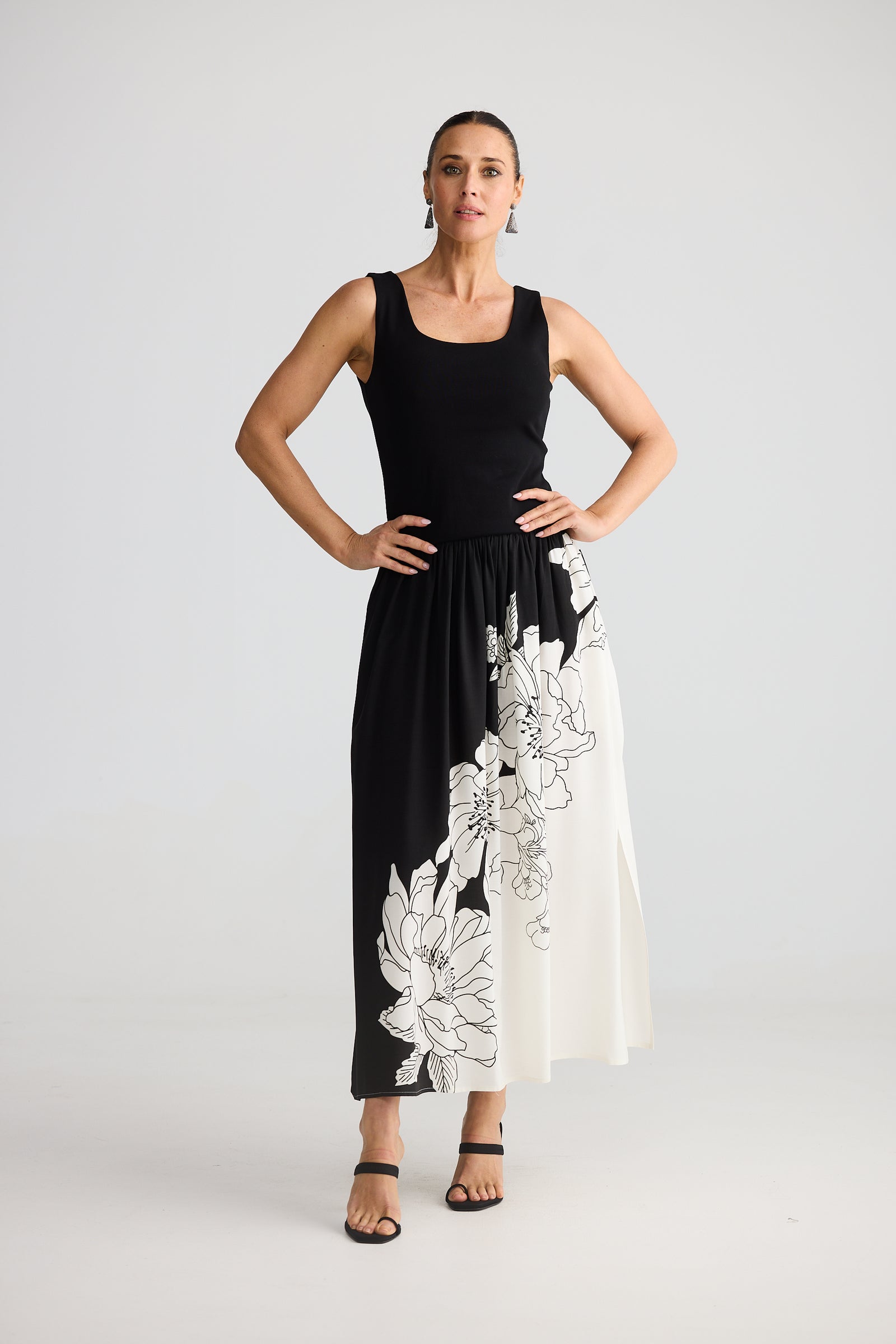 Brave and True Maya Dress Noir Bloom black white floral print New Years Eve Dress Midi Christmas Skirt