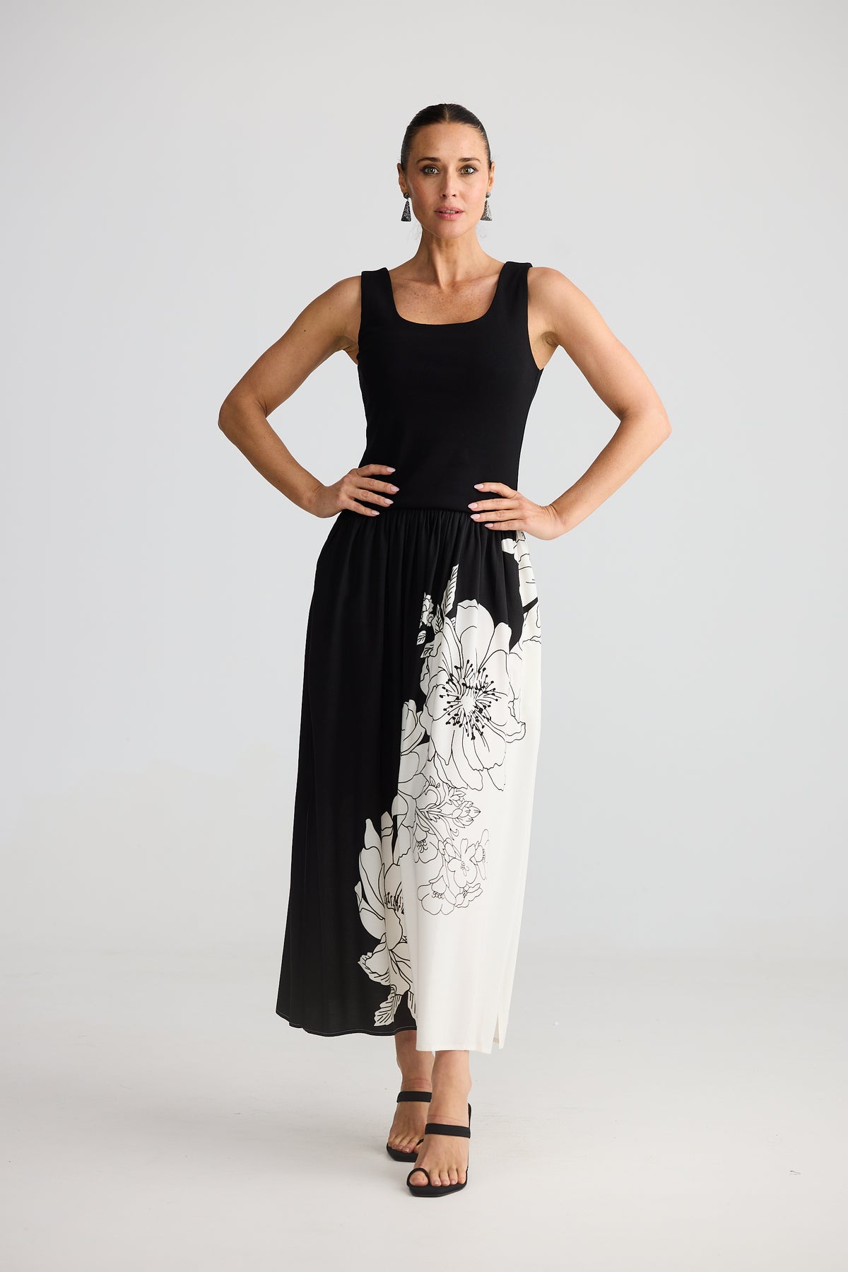 Brave and True Maya Dress Noir Bloom black white floral print New Years Eve Dress Midi Christmas Skirt