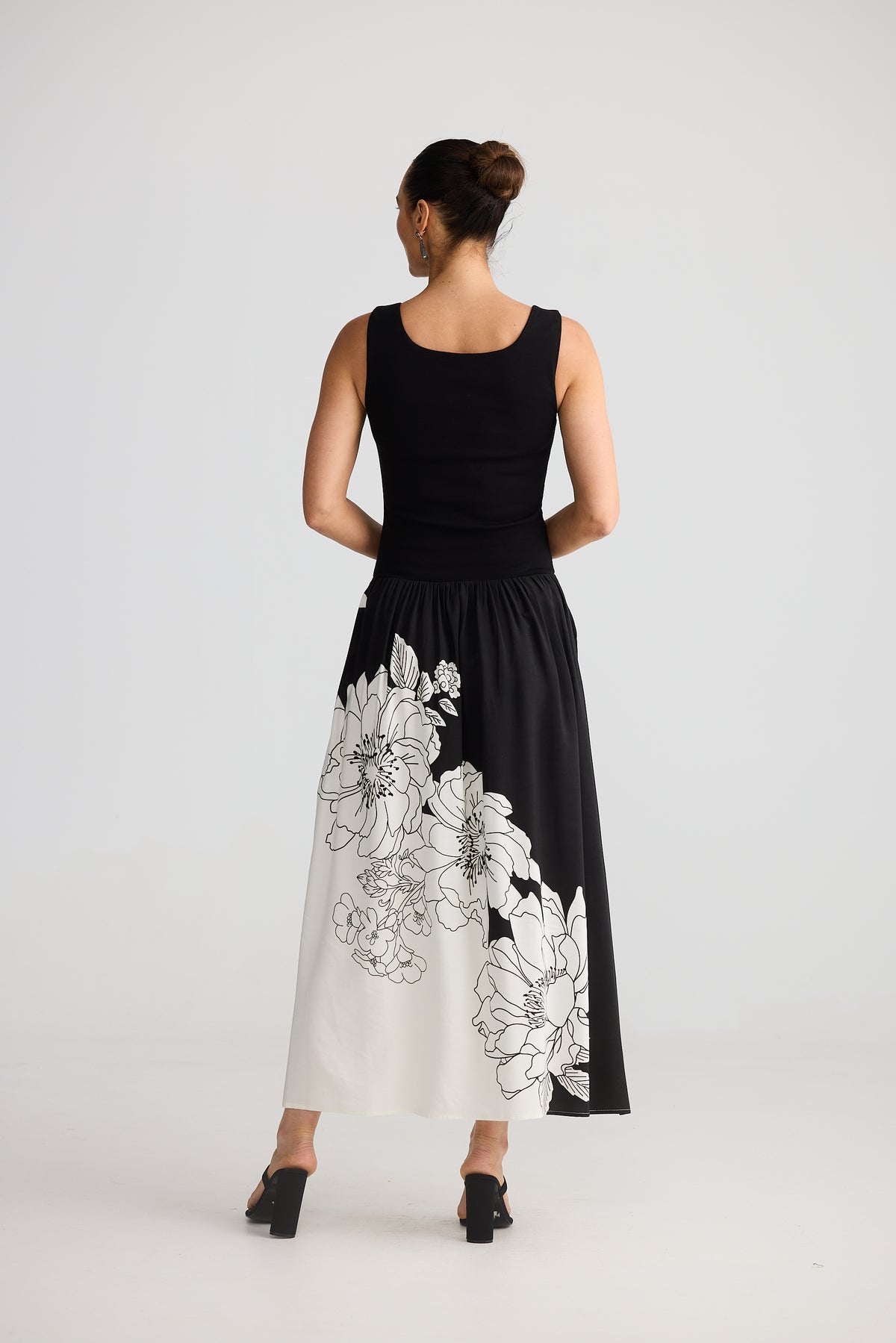 Brave and True Maya Dress Noir Bloom black white floral print New Years Eve Dress Midi Christmas Skirt