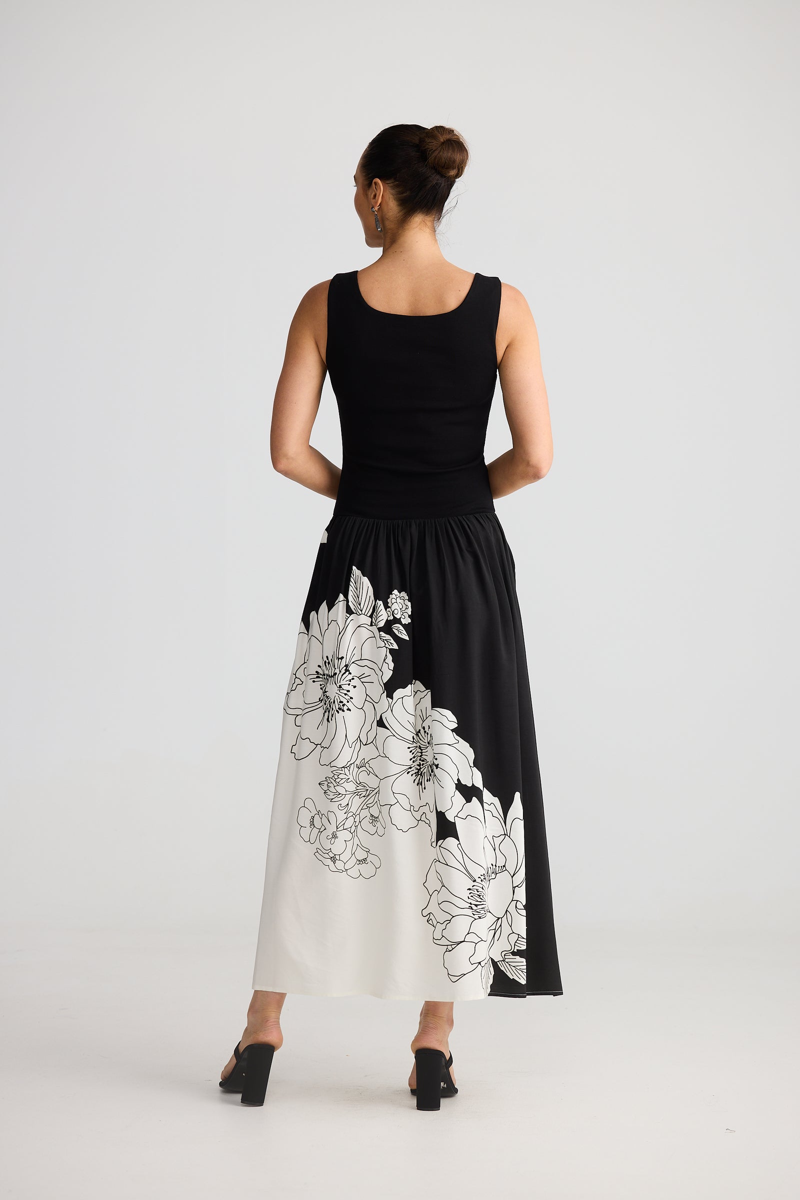 Brave and True Maya Dress Noir Bloom black white floral print New Years Eve Dress Midi Christmas Skirt