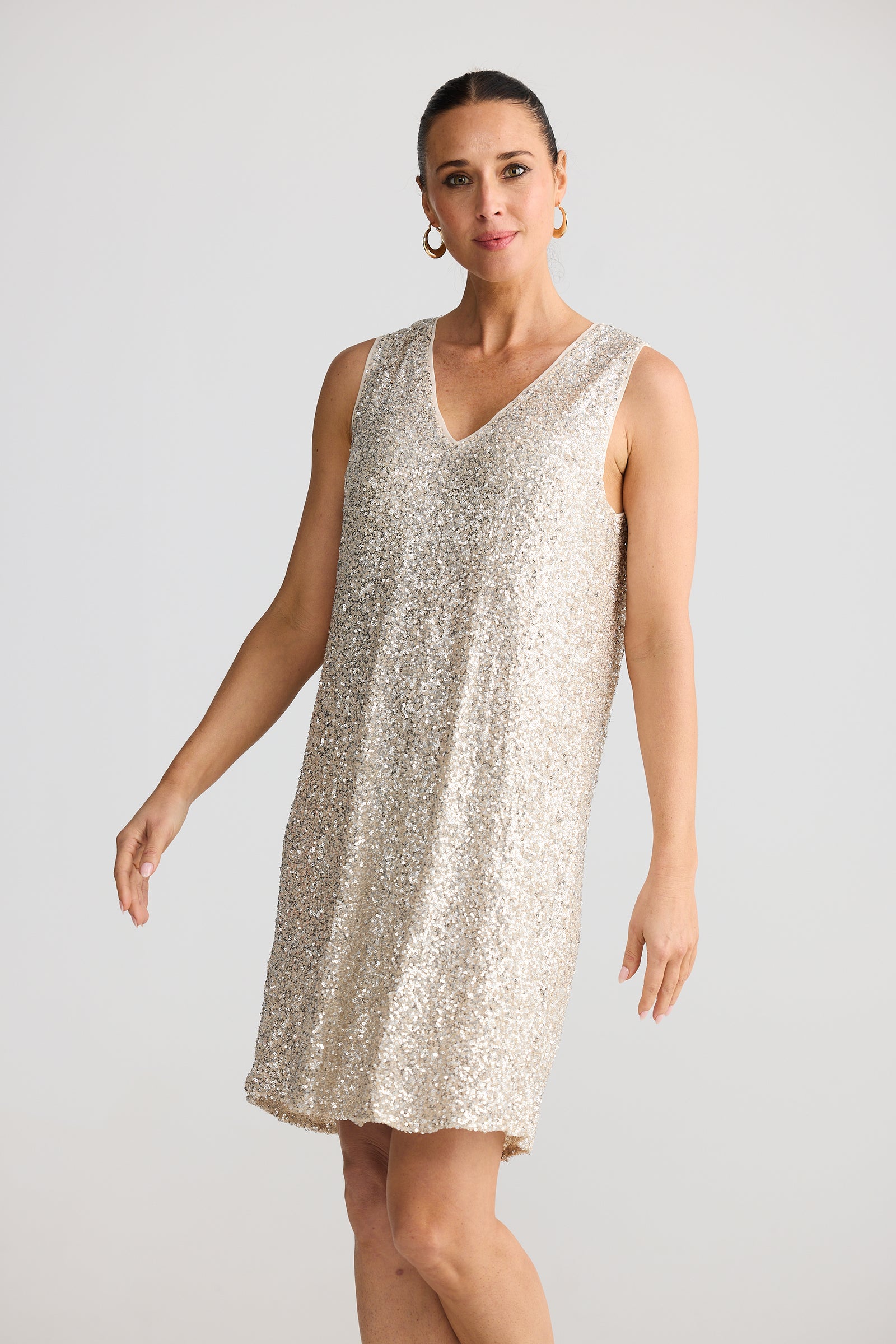 Brave + True Glitz Swing Dress Champagne Sequins Party dress short mini knee length A-line NYE Christmas Evening dress