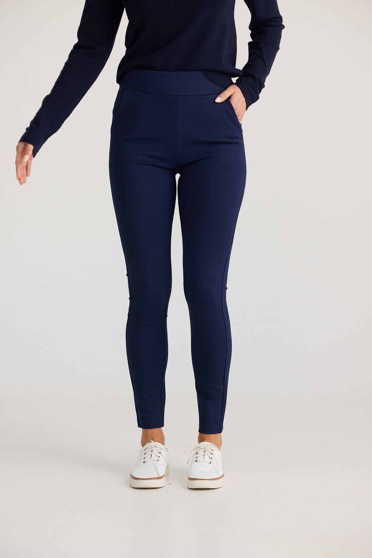 Brave + True pilot pant skinny stretch work pant ponte with pockets Navy