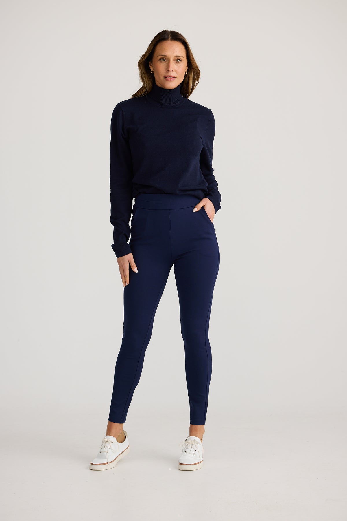 Brave + True pilot pant skinny stretch work pant ponte with pockets Navy