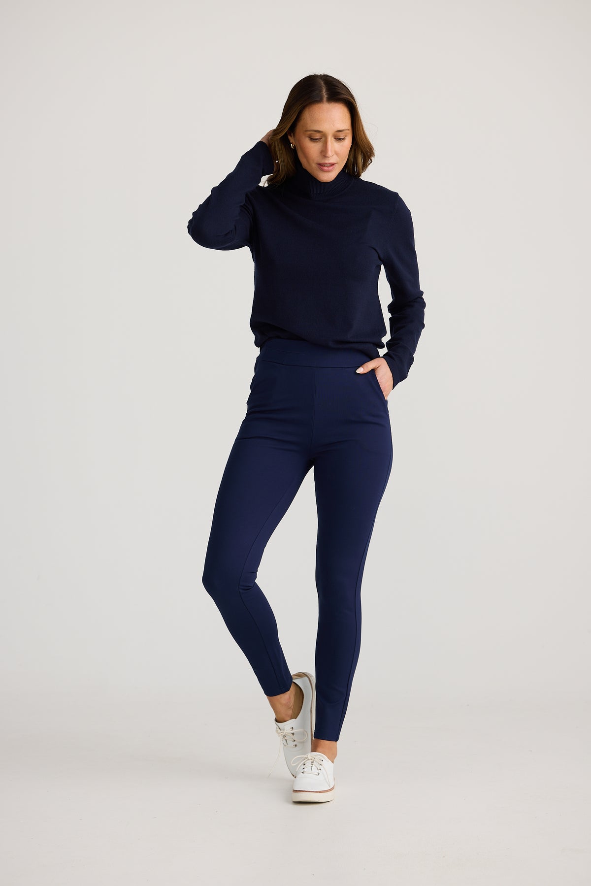 Brave + True pilot pant skinny stretch work pant ponte with pockets Navy