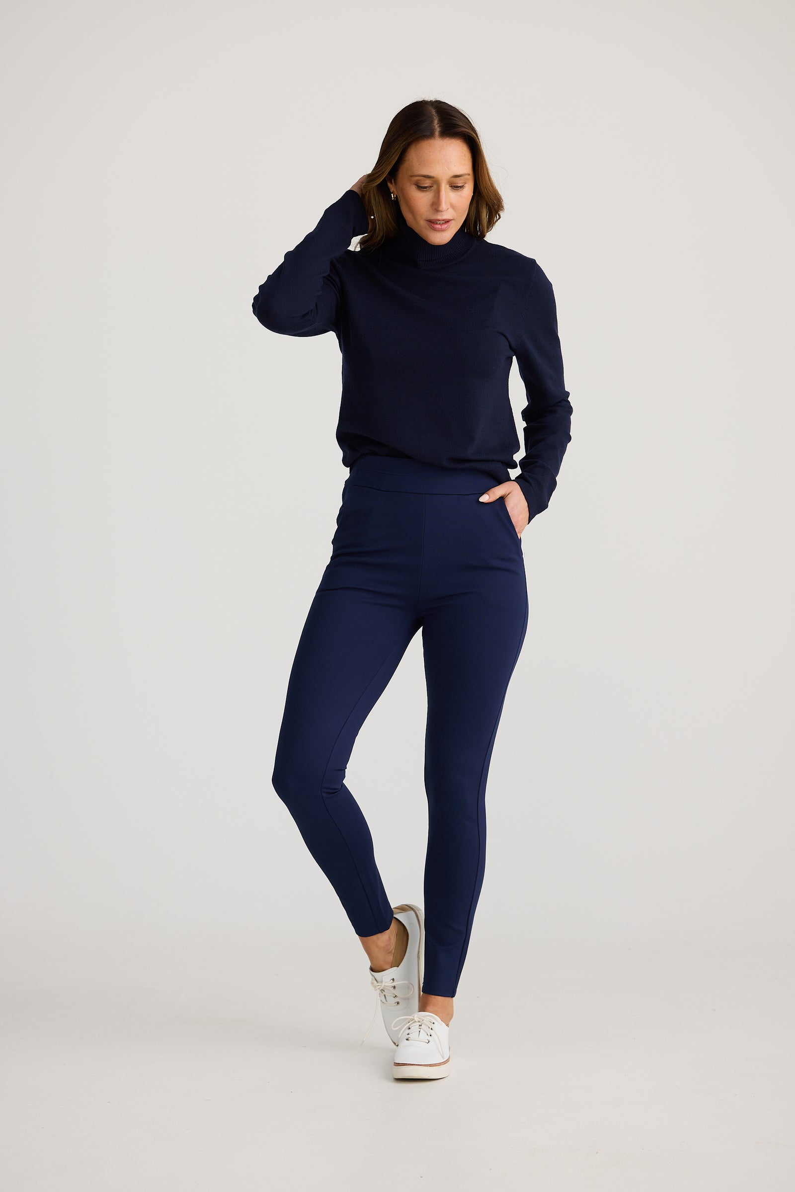 Brave + True pilot pant skinny stretch work pant ponte with pockets Navy