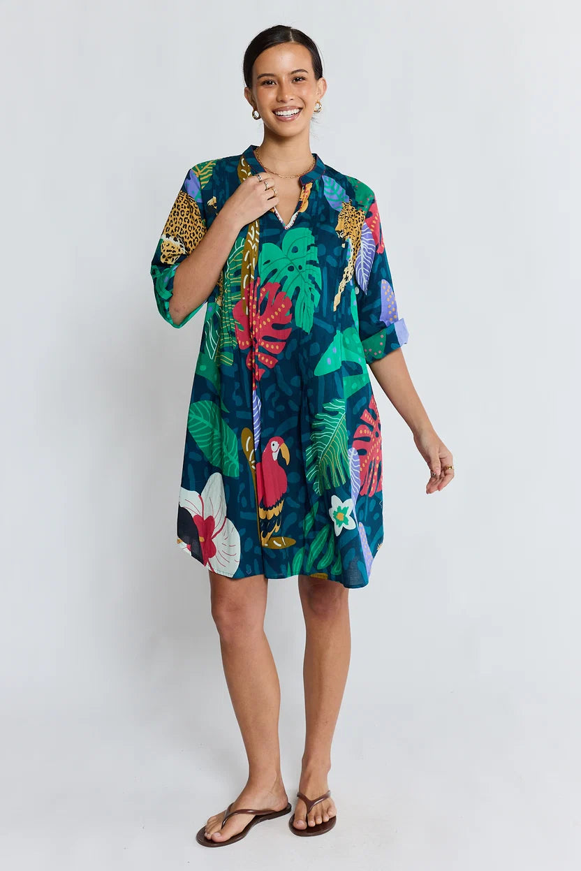 Jungle Fever Tuck Dress - Navy