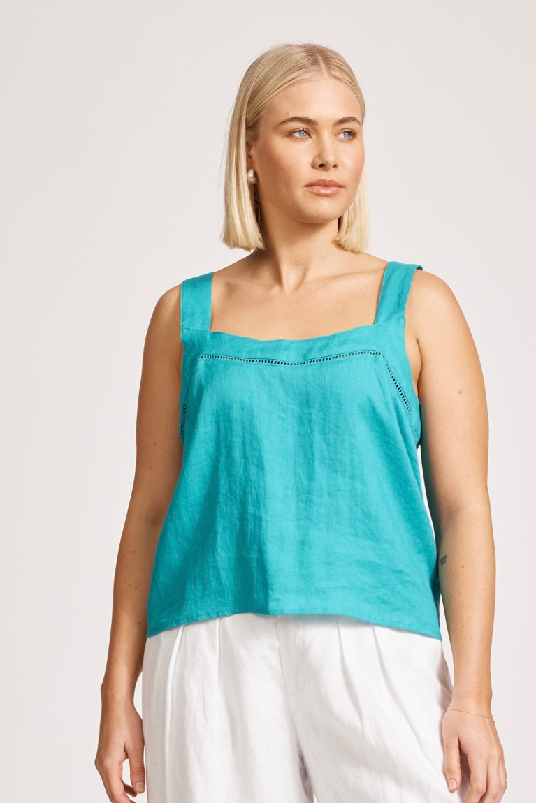 Eb&amp;Ive Miramar linen crop  top sleeveless square neck crop relaxed casual work blouse cotton summer teal lagoon