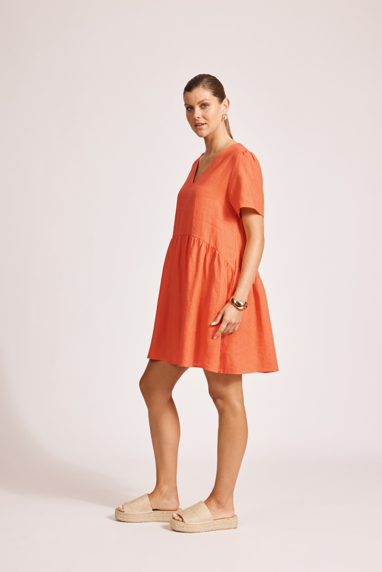 Eb&Ive Miramar Linen midi short summer shift Aline v-neck dress short sleeve coral