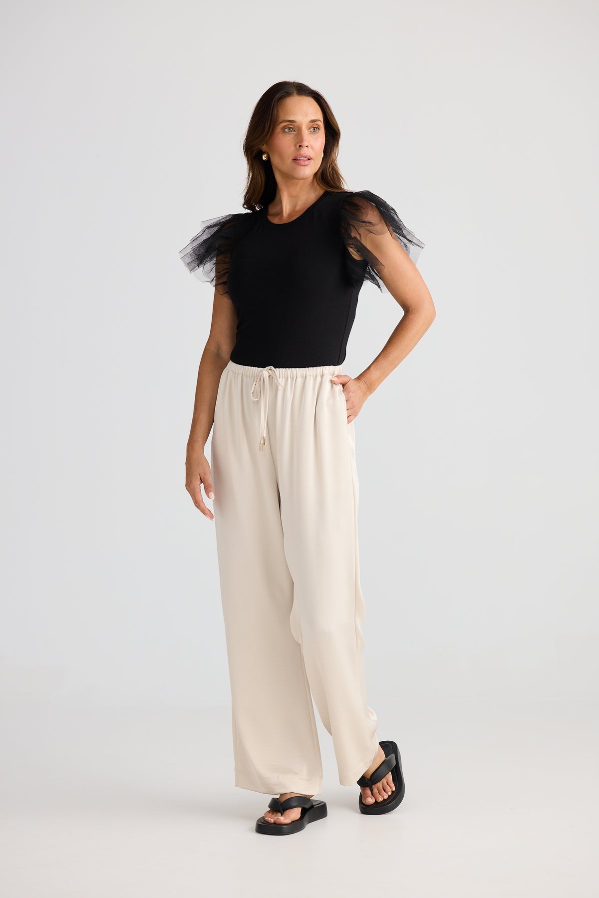 Brave + True Chance Cotton T-shirt Evening Tule Flared Sleeve Short sleeve detail White