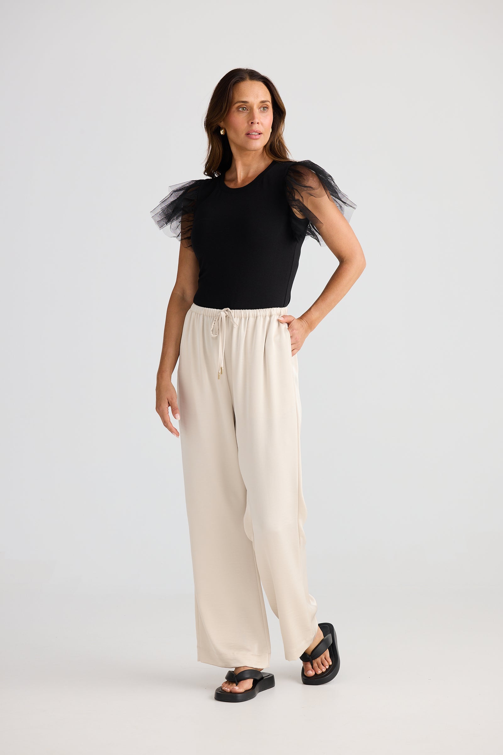 Brave + True Chance Cotton T-shirt Evening Tule Flared Sleeve Short sleeve detail White