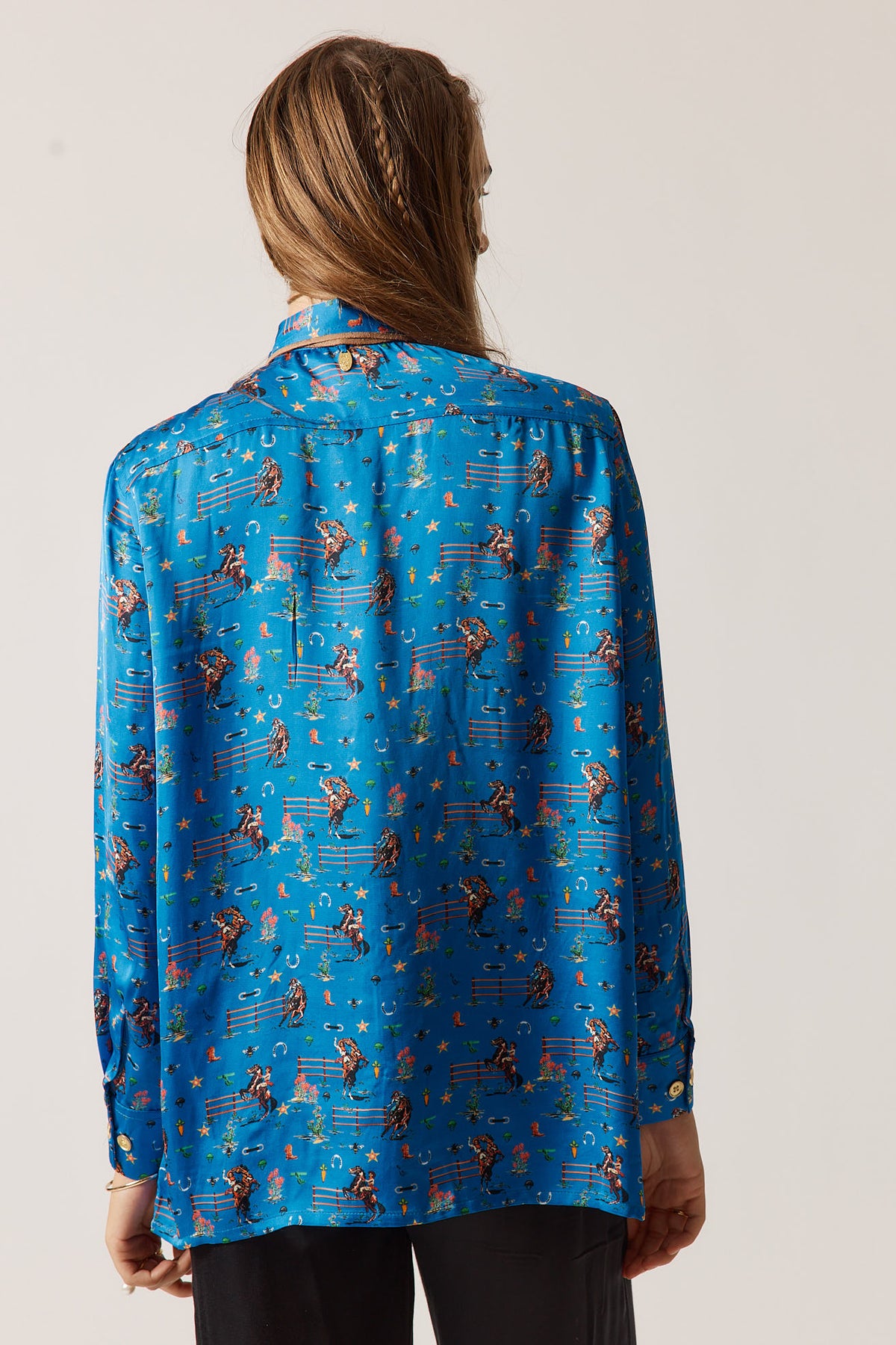 RubyYaya Cowgirl Vintage & retro all over cowboy print statement  bold Animal print with horses soft button up Shirt  women’s fashion collared blouse cobalt blue 