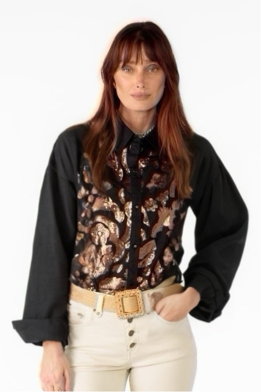 RubyYAYA Jules cotton shirt black with rose gold sequins Evening rock country