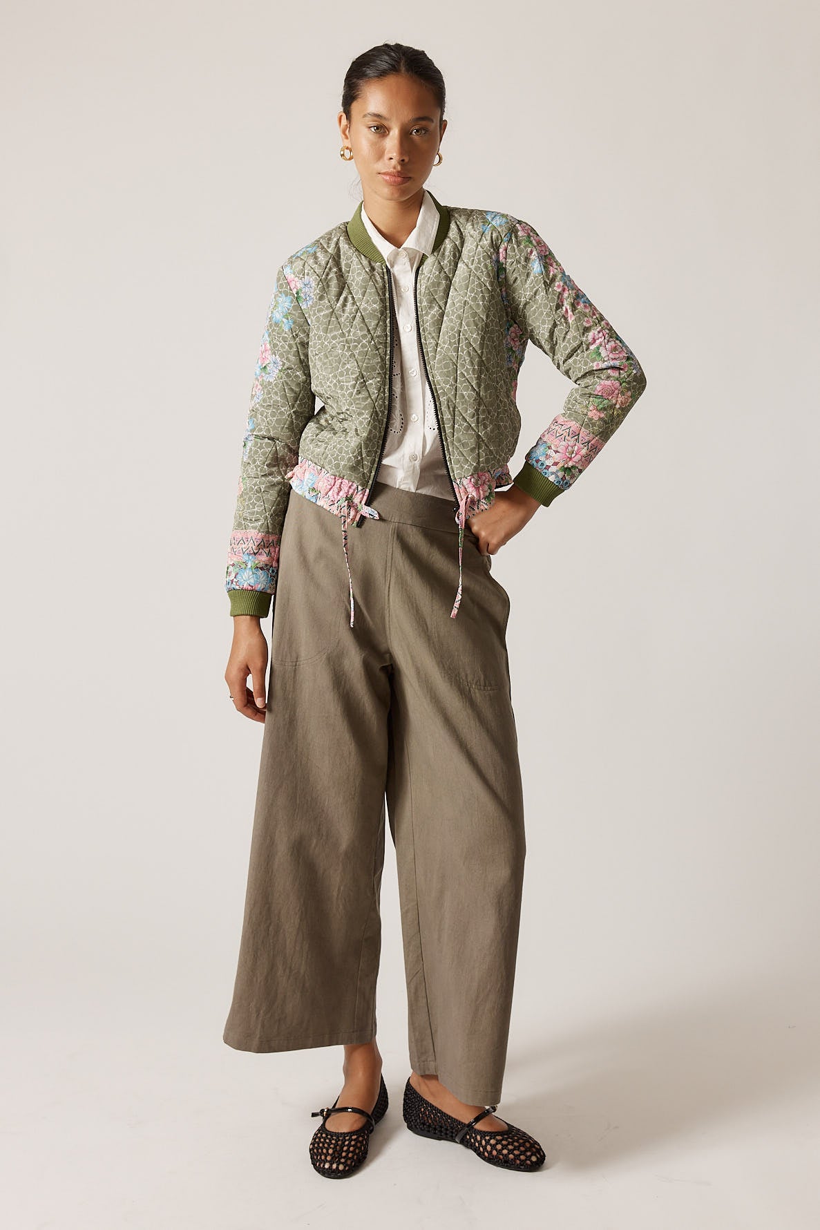 RubyYaya Daisy duke Vintage & retro all over floral print statement  bold print quilted bomber jacket women’s fashion  blush pink and khaki green  