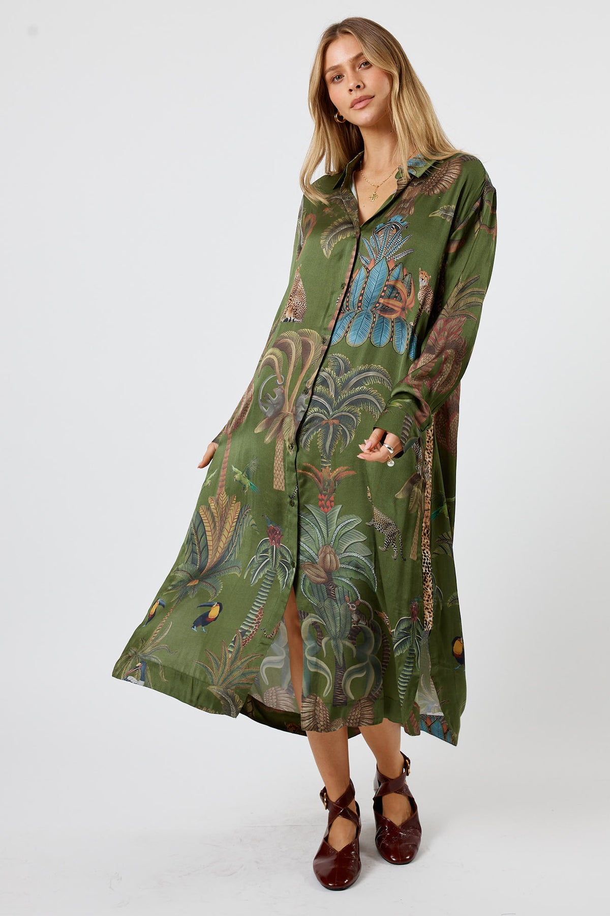 LulaSoul Cheetah Vintage &amp; retro all over jungle print statement bold animal print  soft satin button up Shirt dress women’s fashion evening event dress olive green 